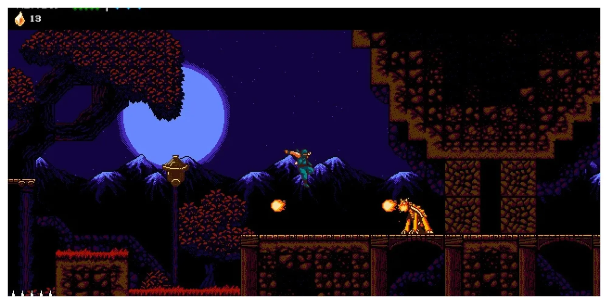 Nhân vật The Messenger, một ninja pixel art, di chuyển trong thế giới game đầy màu sắc