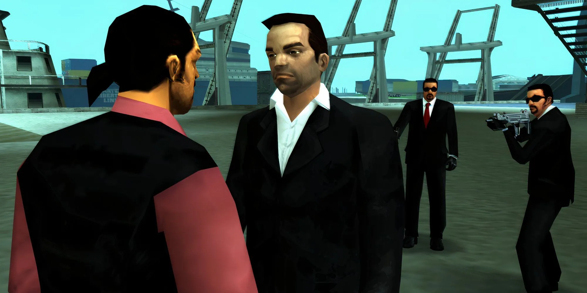 Nhân vật Toni Cipriani trong game GTA Liberty City Stories đang bàn bạc kế hoạch giữa kho vũ khí