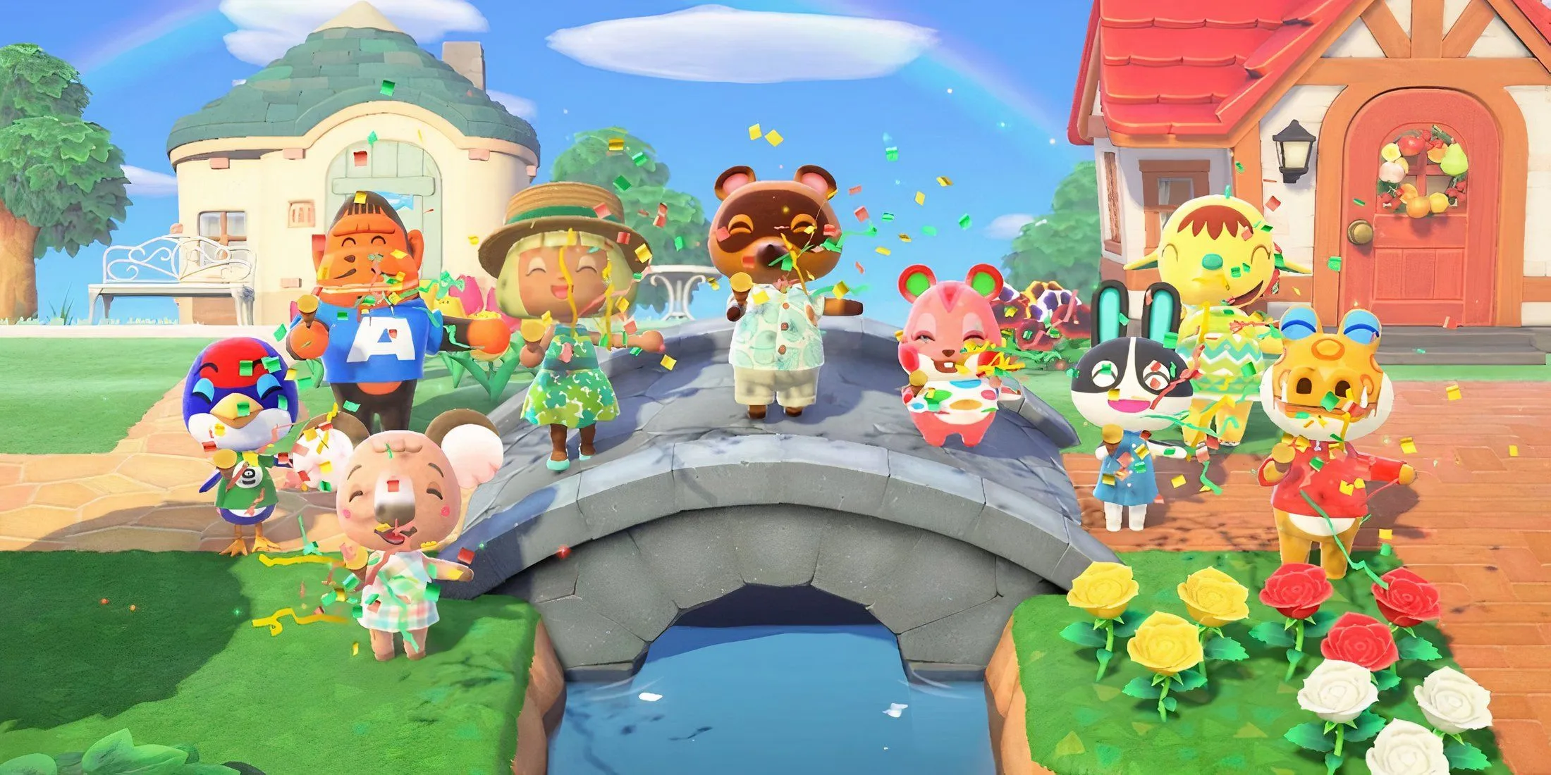 Nhân vật trong Animal Crossing: New Horizons đang tổ chức tiệc cầu