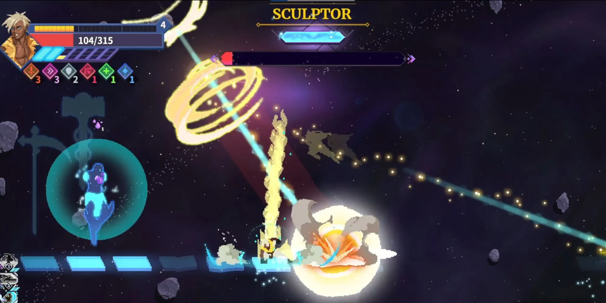 Nhân vật trong Astral Ascent đang né đòn tấn công của boss Sculptor