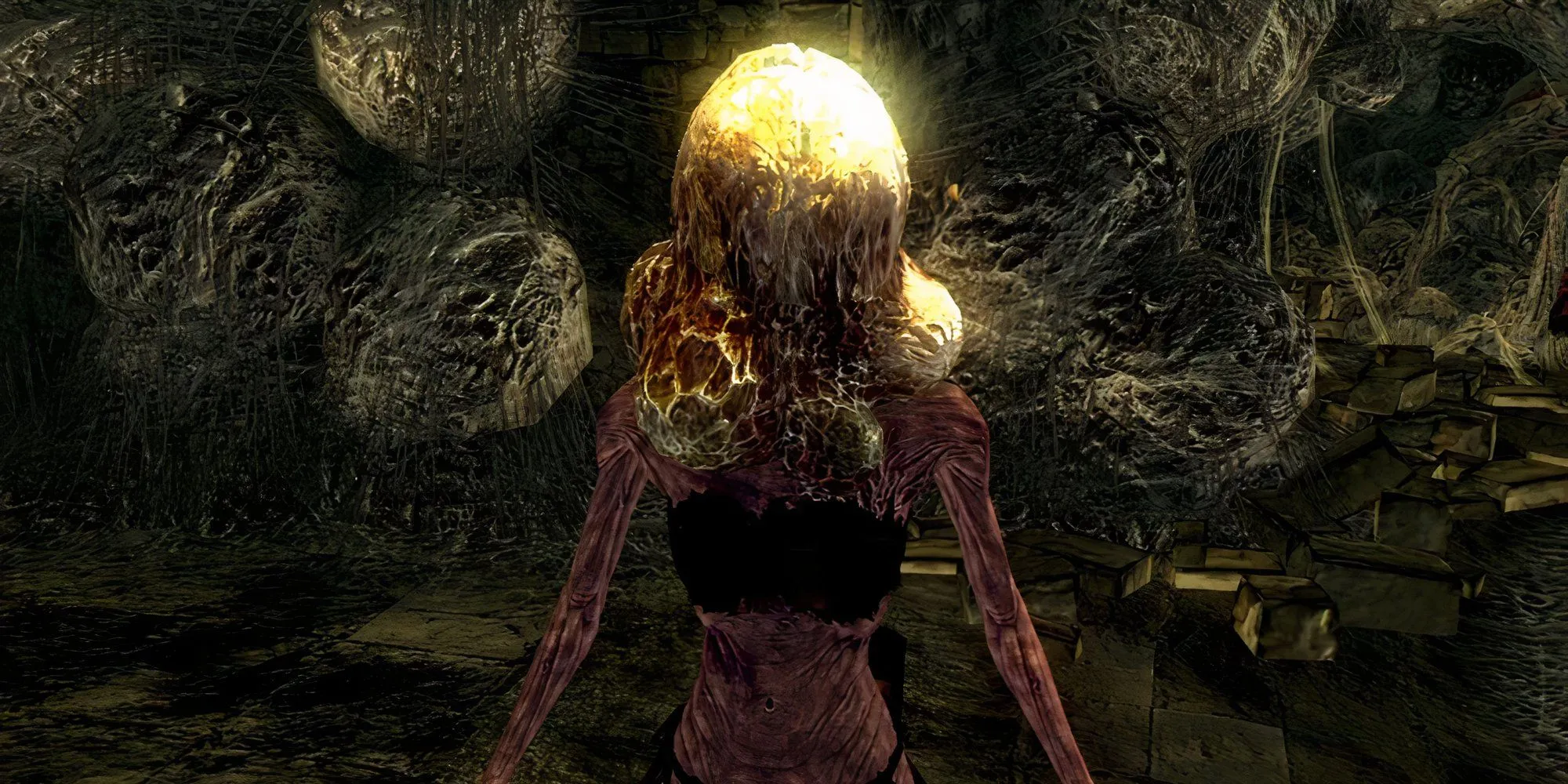 Nhân vật trong Dark Souls bị hiệu ứng Đầu Trứng (Egghead) ký sinh