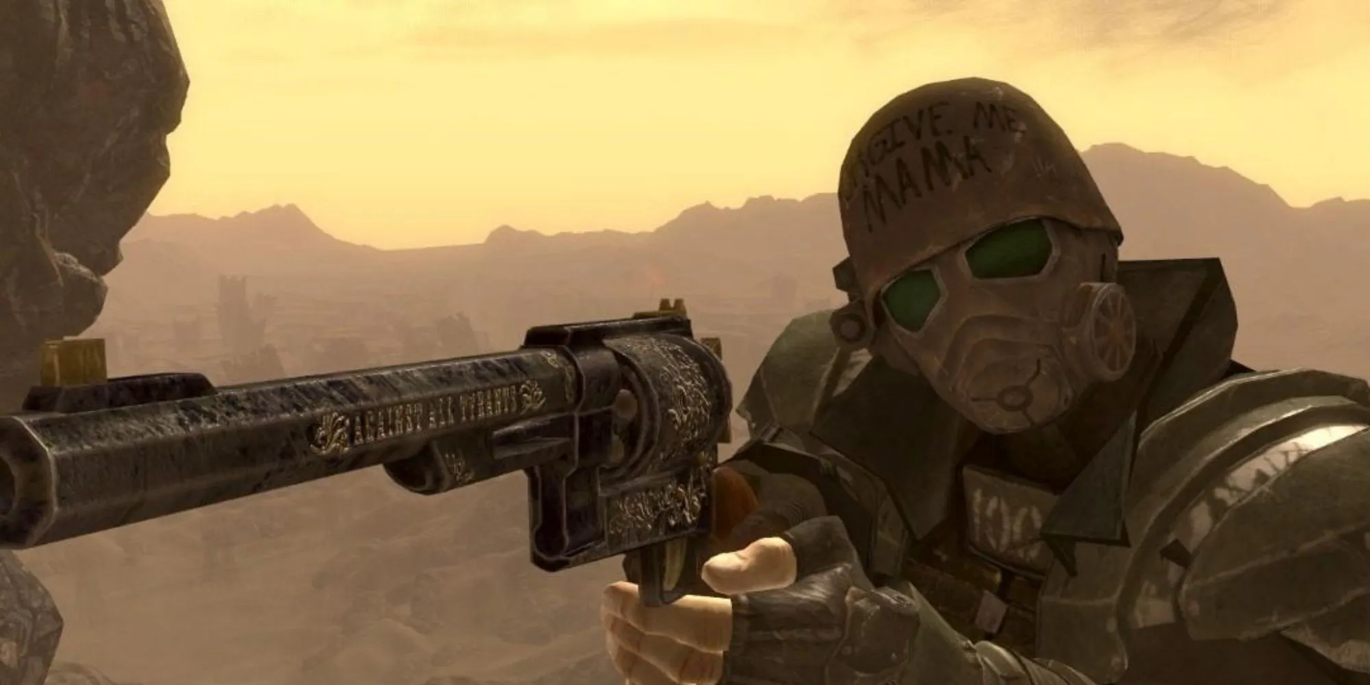 Nhân vật trong Fallout: New Vegas với bộ giáp NCR Ranger và súng ngắn