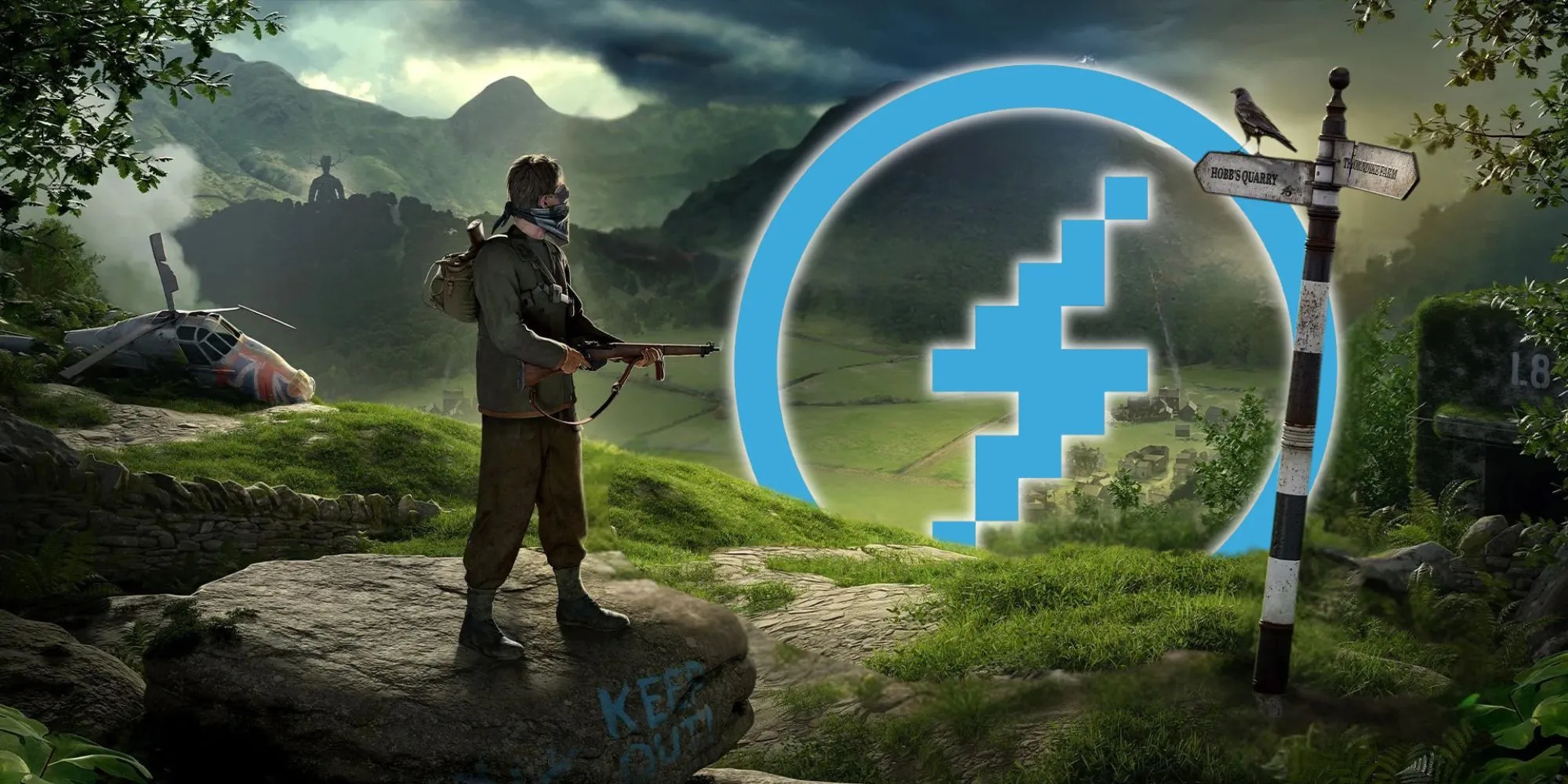Nhân vật trong game Atomfall đang di chuyển lén lút qua một khu vực có lính gác và hàng rào cảnh báo