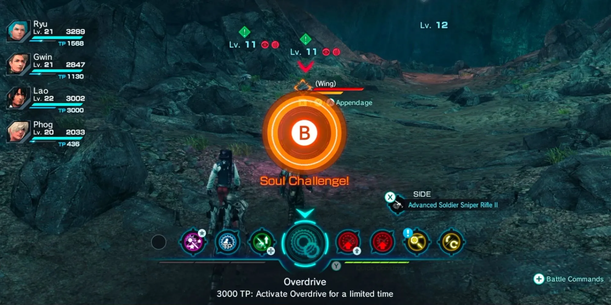 Nhân vật trong Xenoblade Chronicles X kích hoạt Soul Challenge với vòng tròn màu cam