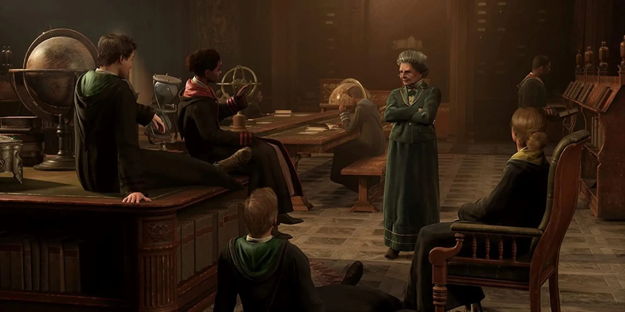 Nhóm học sinh Hogwarts Legacy tập trung lắng nghe thủ thư tại thư viện trường Hogwarts