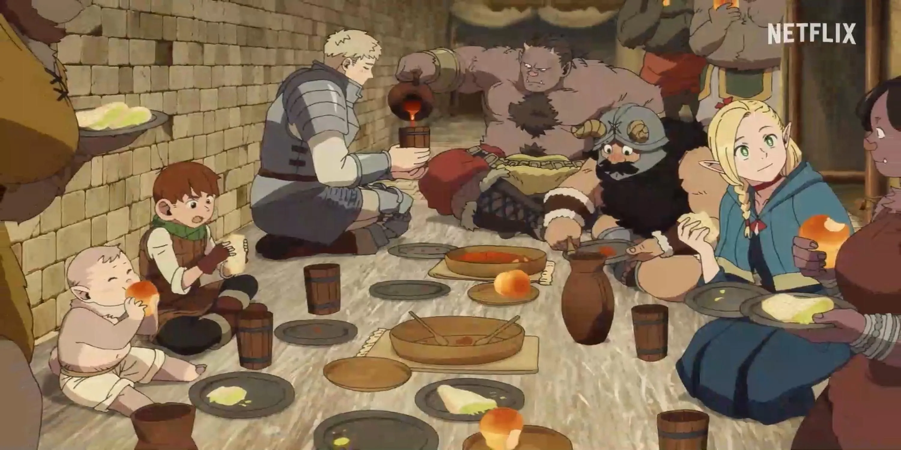 Nhóm nhà thám hiểm chuẩn bị nấu ăn trong Delicious in Dungeon
