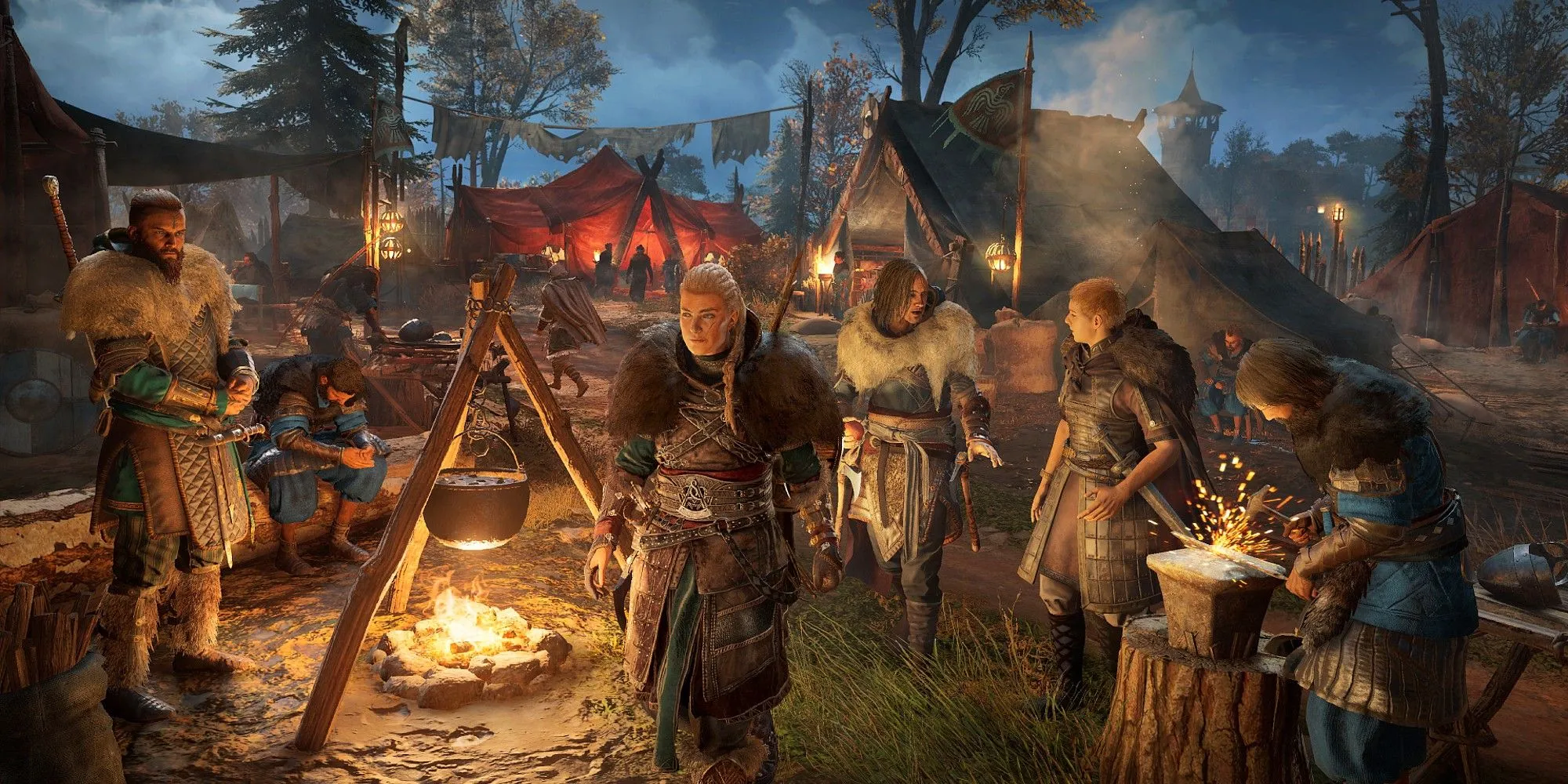 Nữ Eivor đi dạo trong khu định cư Ravensthorpe của người Viking trong Assassin's Creed Valhalla