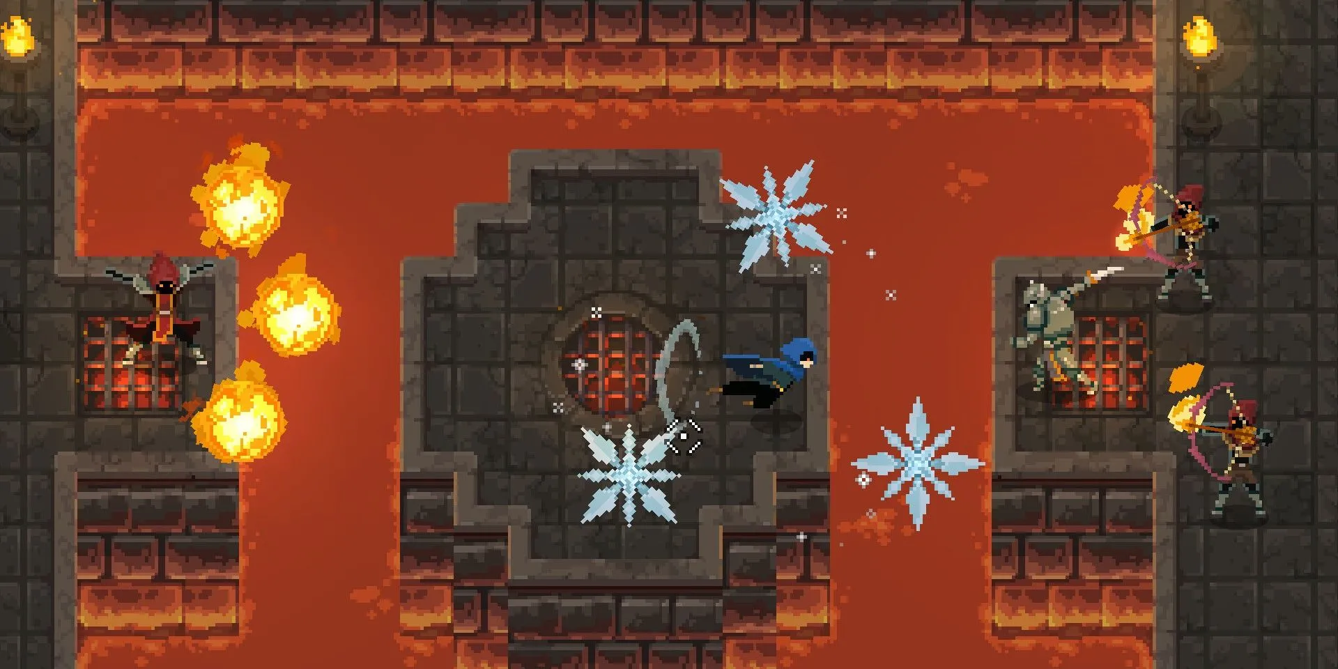 Pháp sư sử dụng phép thuật băng và lửa trong Wizard of Legend
