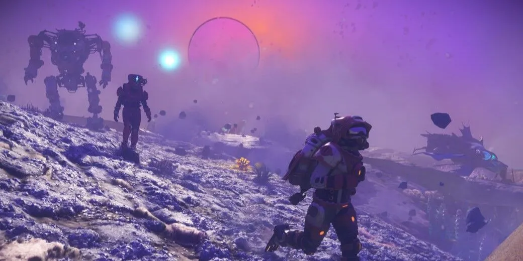Phi thuyền không gian No Man's Sky bay gần một hành tinh khí khổng lồ với các vành đai rực rỡ, thể hiện quy mô vũ trụ trong game.