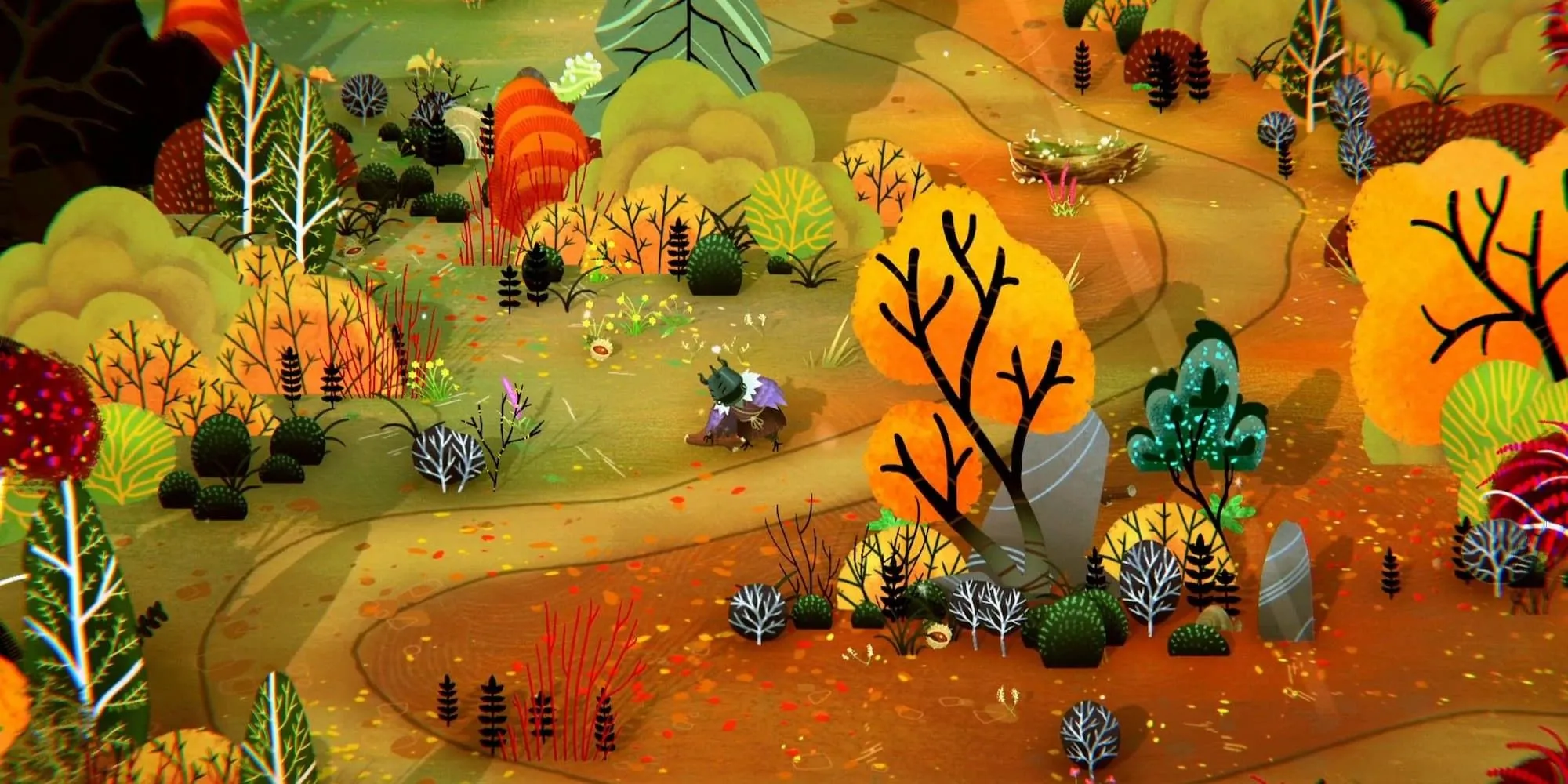 Phù thủy già đang thu thập nguyên liệu trong khu rừng cổ tích của game Wytchwood