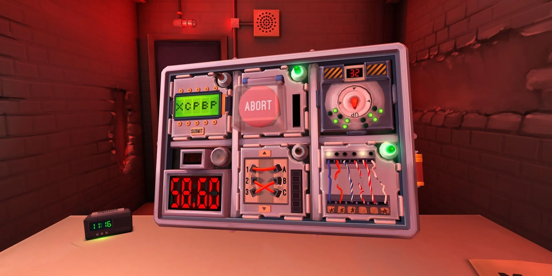 Quả bom với nhiều module phức tạp trong game Keep Talking and Nobody Explodes, yêu cầu người chơi mô tả chi tiết để đồng đội gỡ.