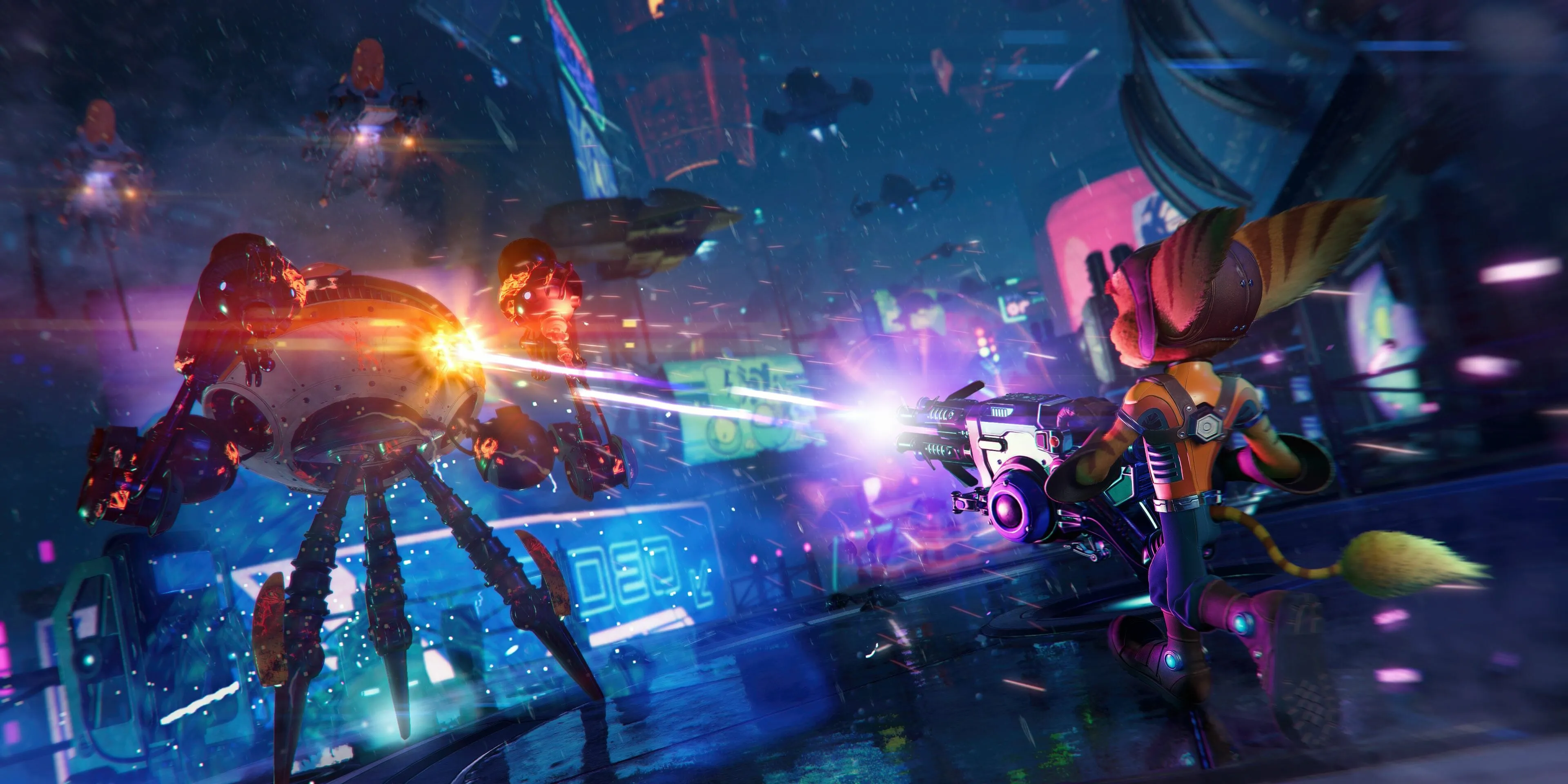 Ratchet và Clank chiến đấu trong Rift Apart, làm nổi bật hành động và chuyển cảnh