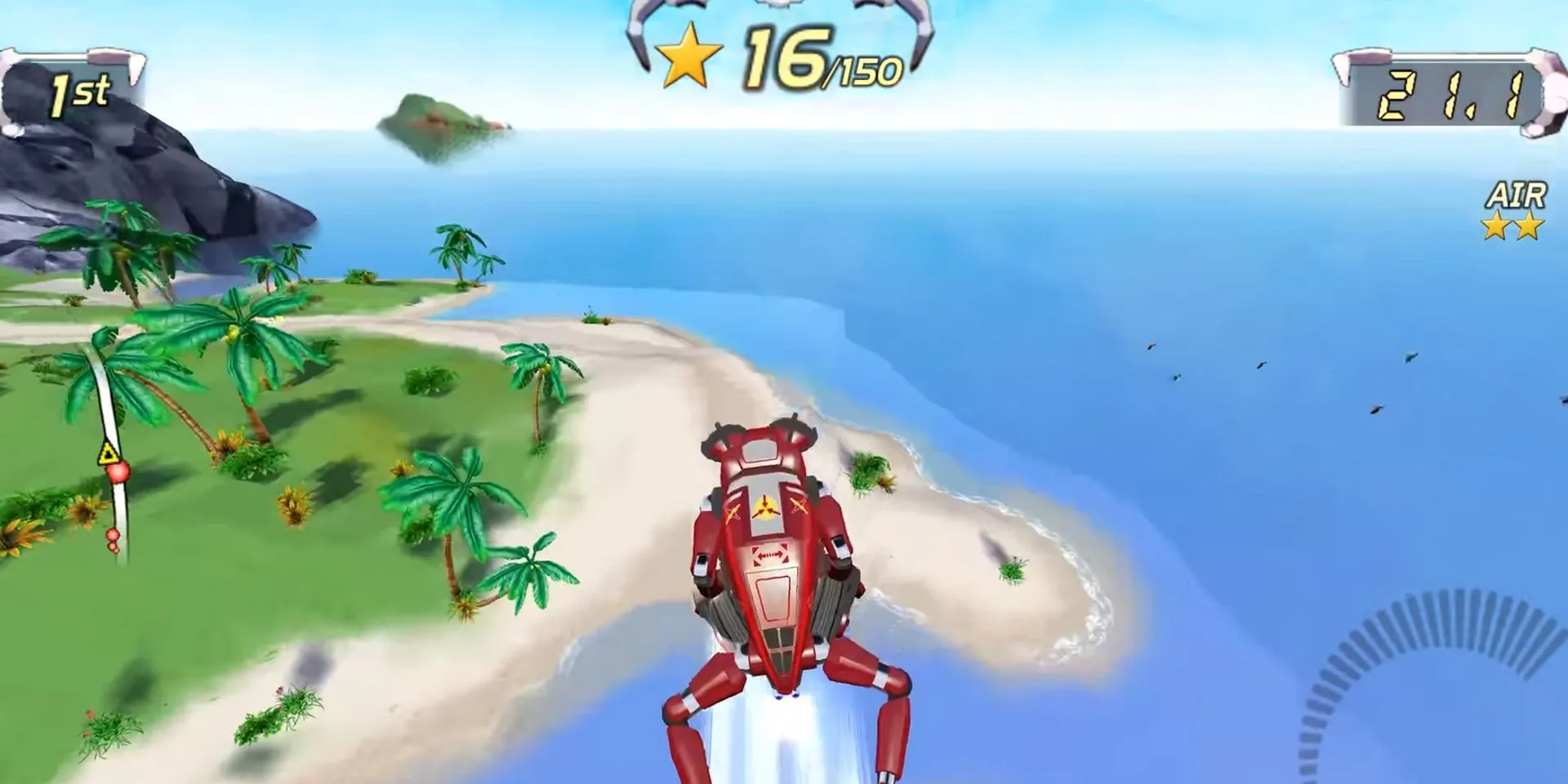 Robot bọ cạp phóng xe bay qua dốc trong game đua xe Excitebots: Trick Racing trên Wii