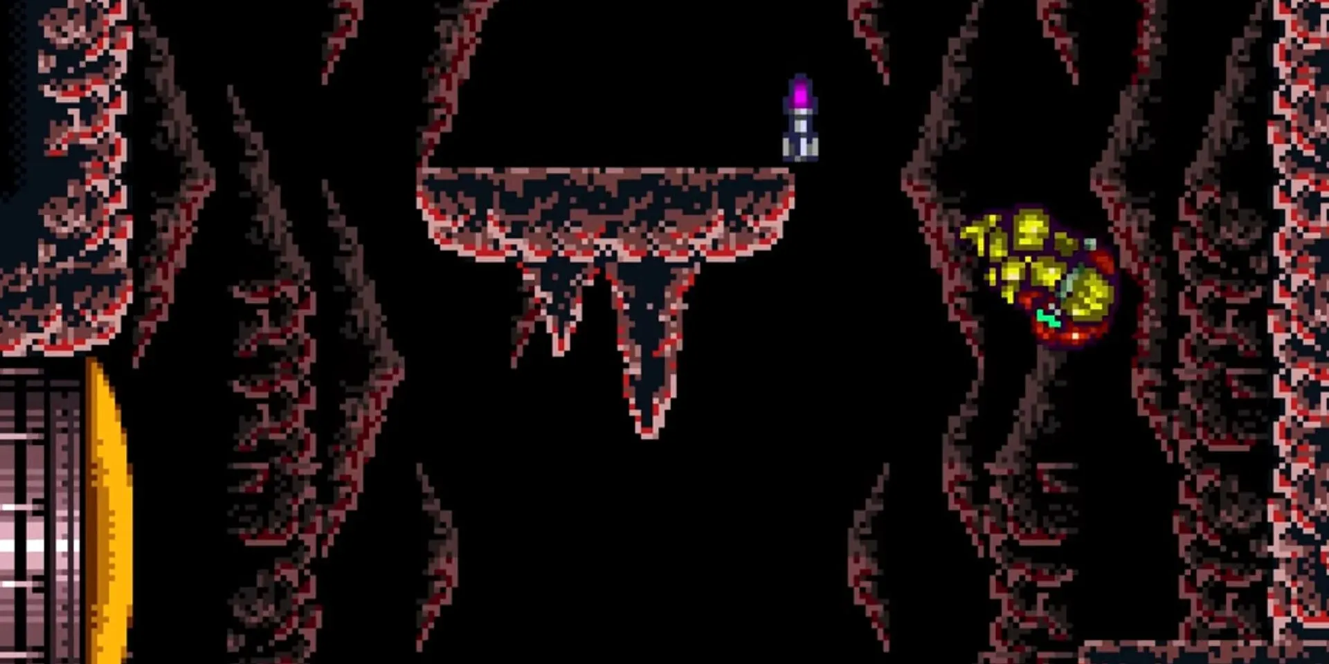 Samus Aran thực hiện cú nhảy và bắn trong thế giới hang động của Super Metroid