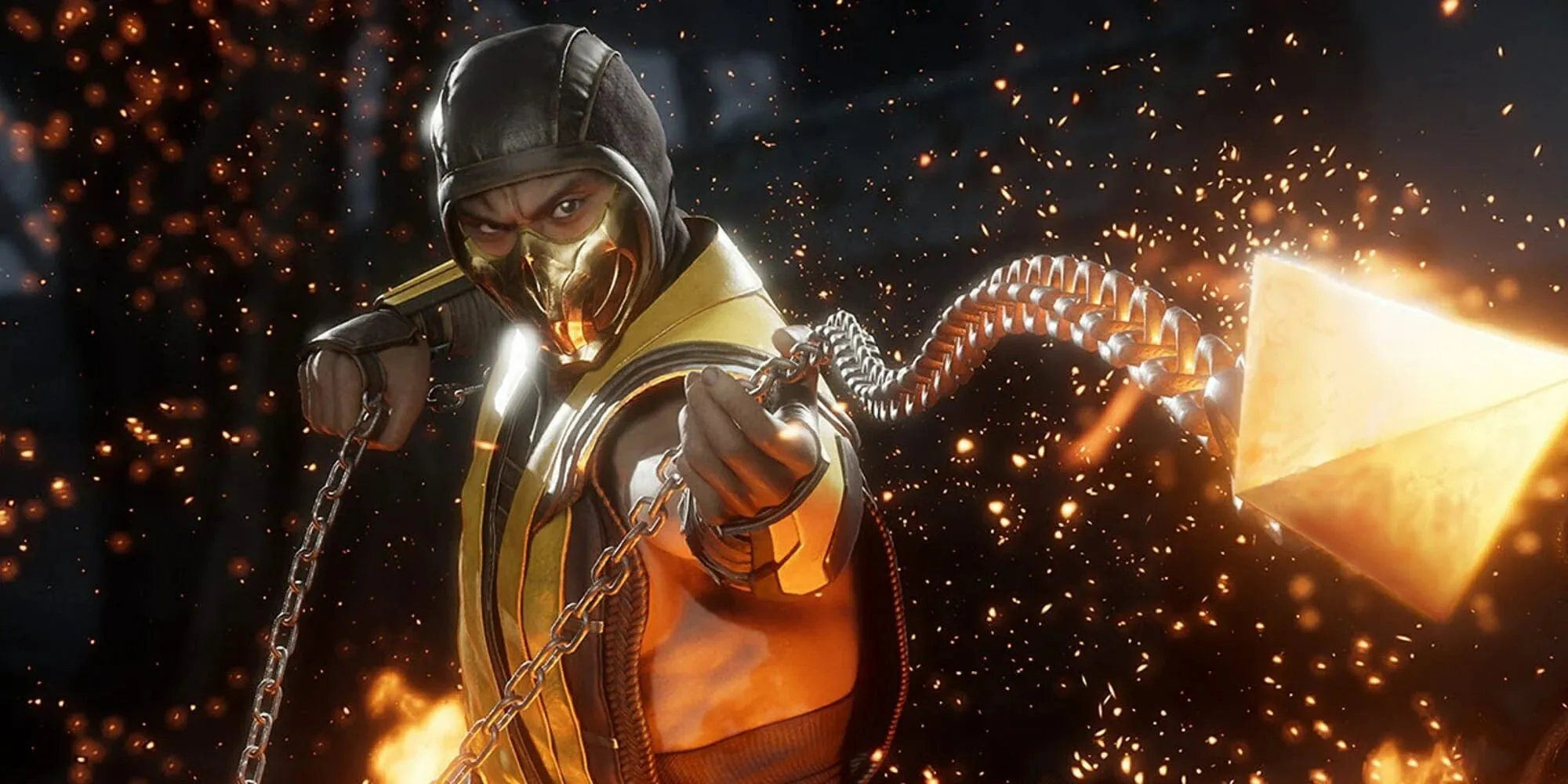 Scorpion, biểu tượng của Mortal Kombat, với chiếc mặt nạ đặc trưng và ngọn lửa địa ngục