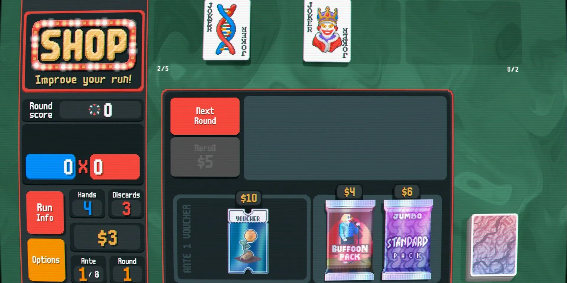 Screenshot of a shop with DNA and Baron having been taken in Balatro.