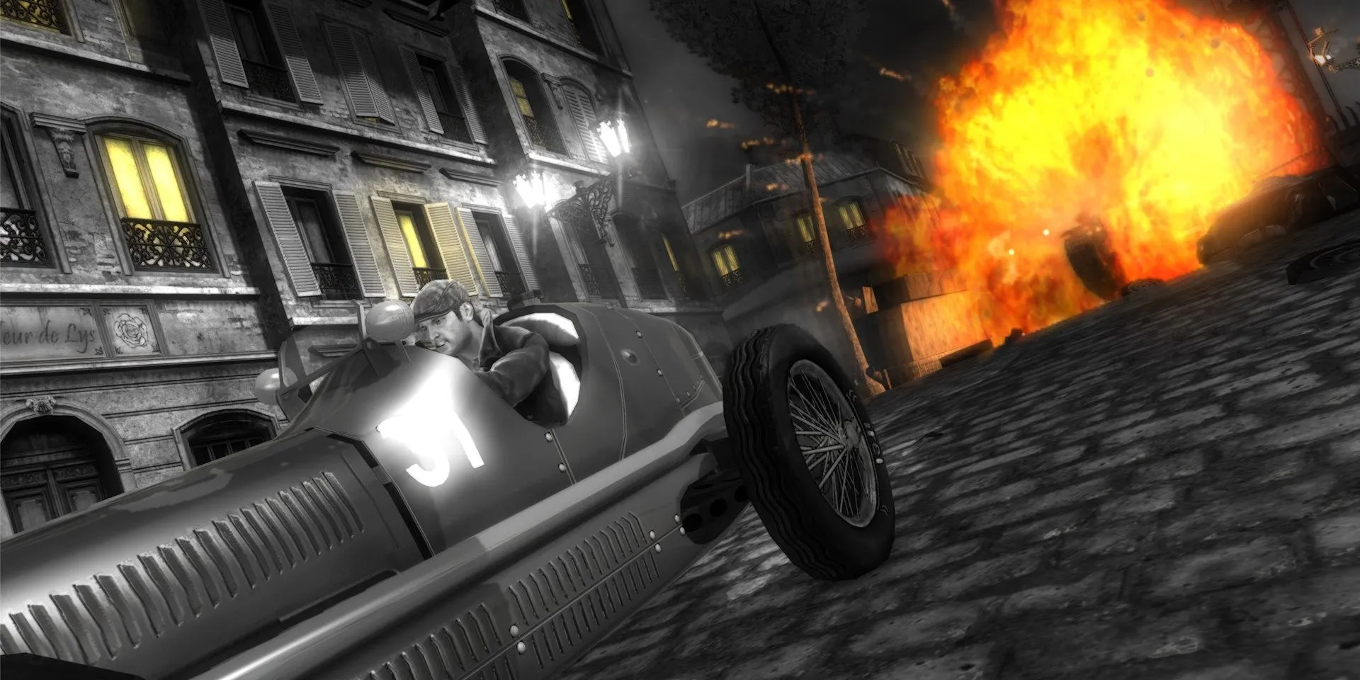 Sean Devlin lái xe chạy trốn khỏi một vụ nổ tại Paris trong game The Saboteur