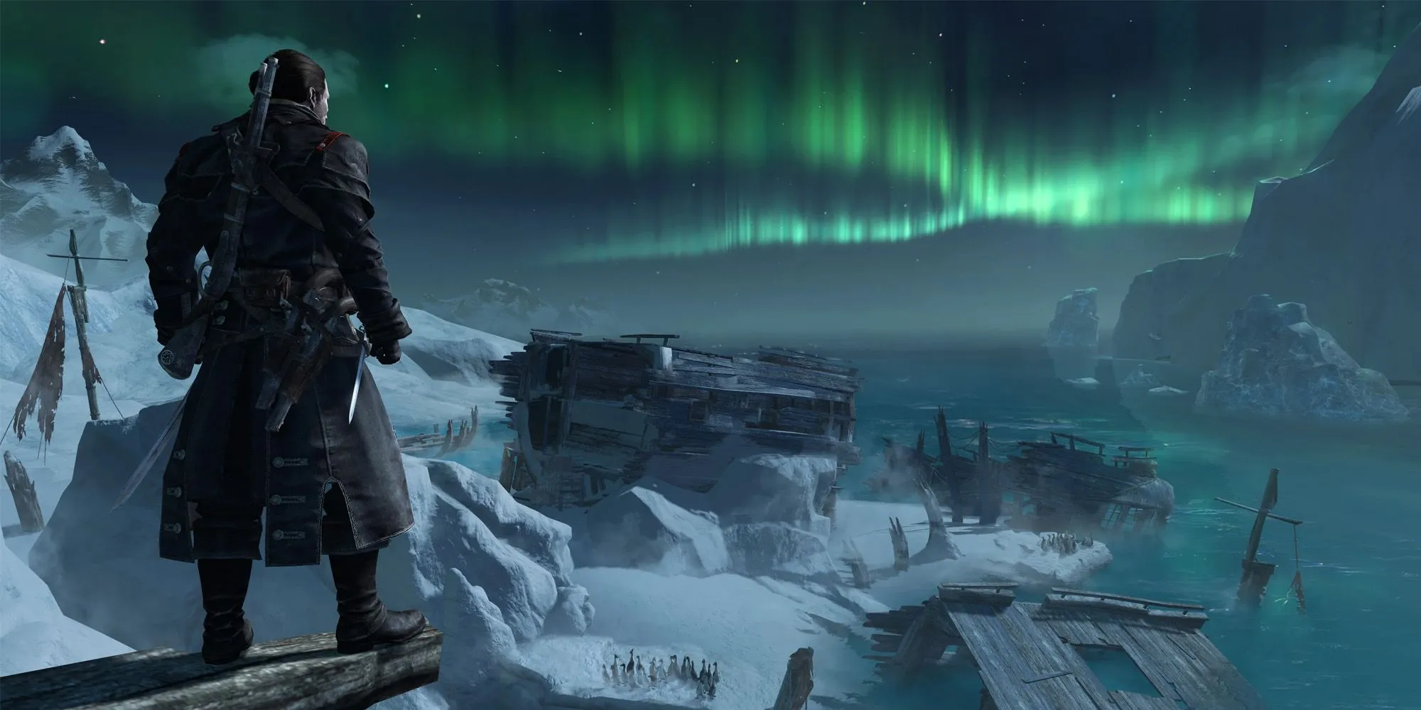 Shay Cormac trên con tàu chiến đấu trong vùng biển lạnh giá ở Assassin's Creed Rogue