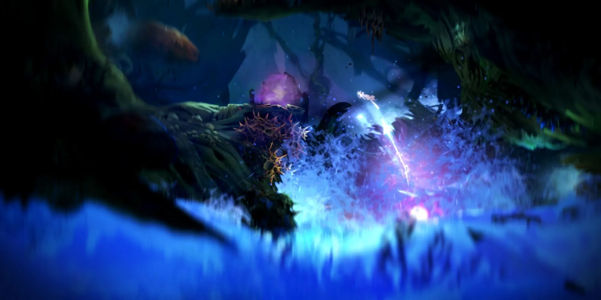 Sinh vật Ori phát sáng đứng giữa khu rừng huyền ảo trong Ori and the Blind Forest