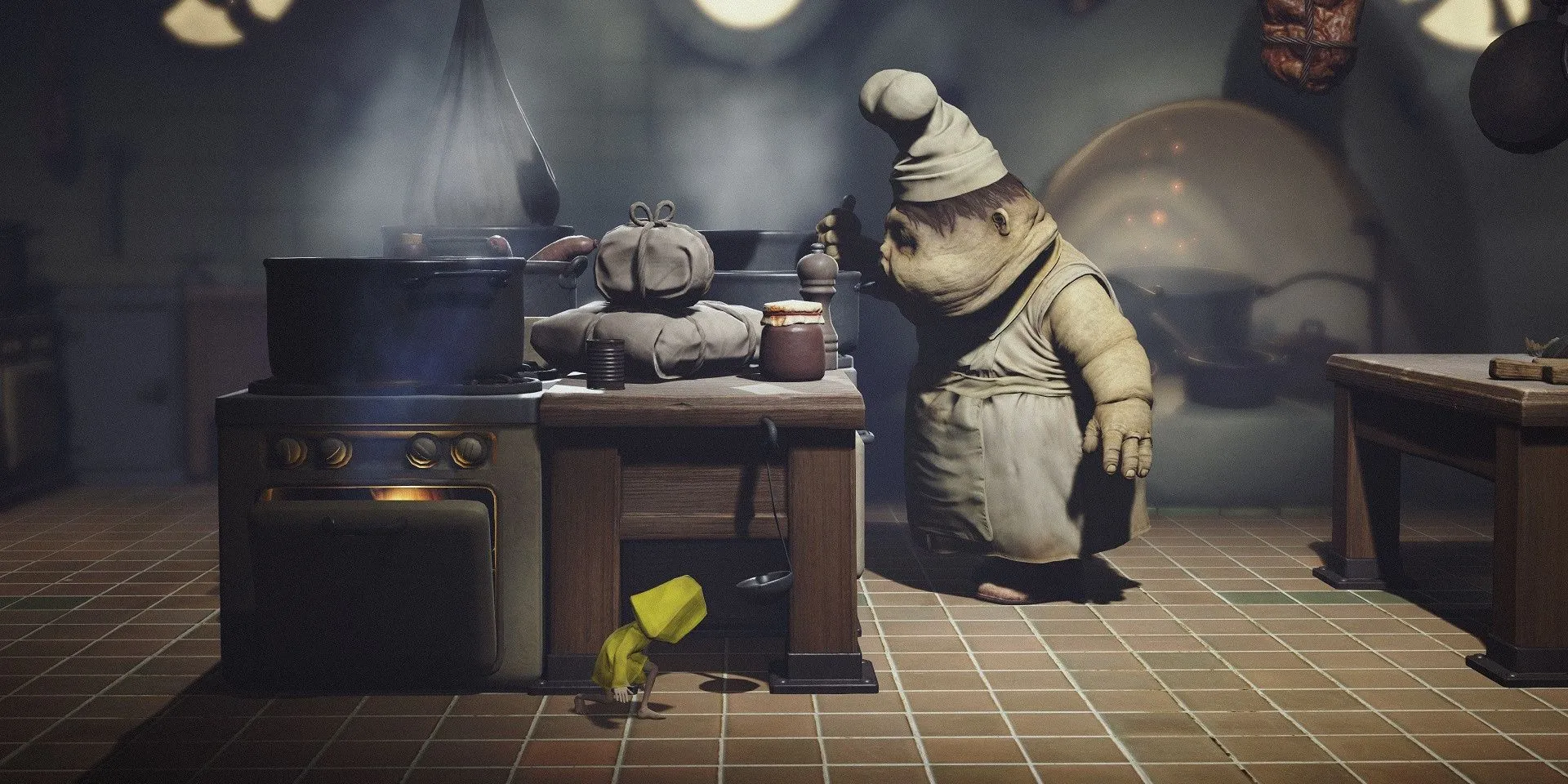 Six trốn tránh tên Đầu Bếp khổng lồ trong Little Nightmares, một game kinh dị giải đố đầy ám ảnh