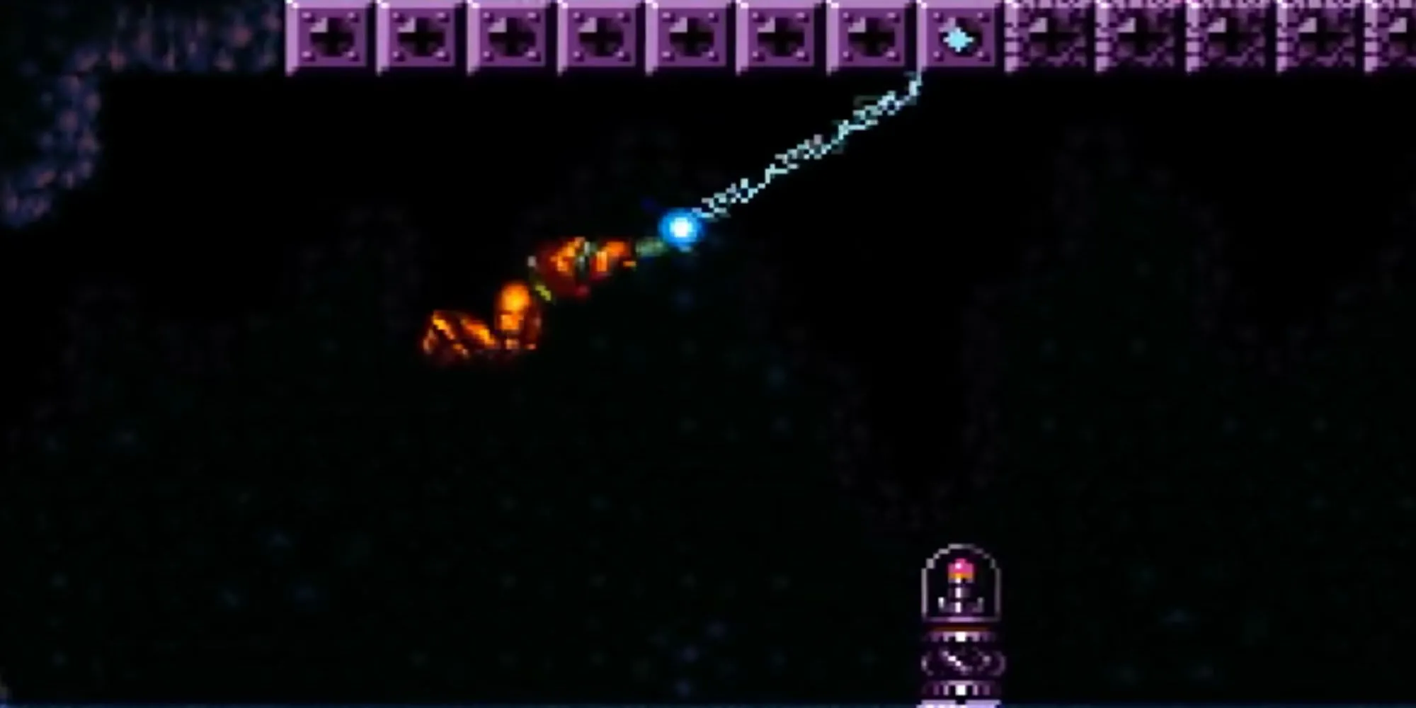 Sử dụng Grapple Beam để đu dây vượt qua chướng ngại vật trong Super Metroid