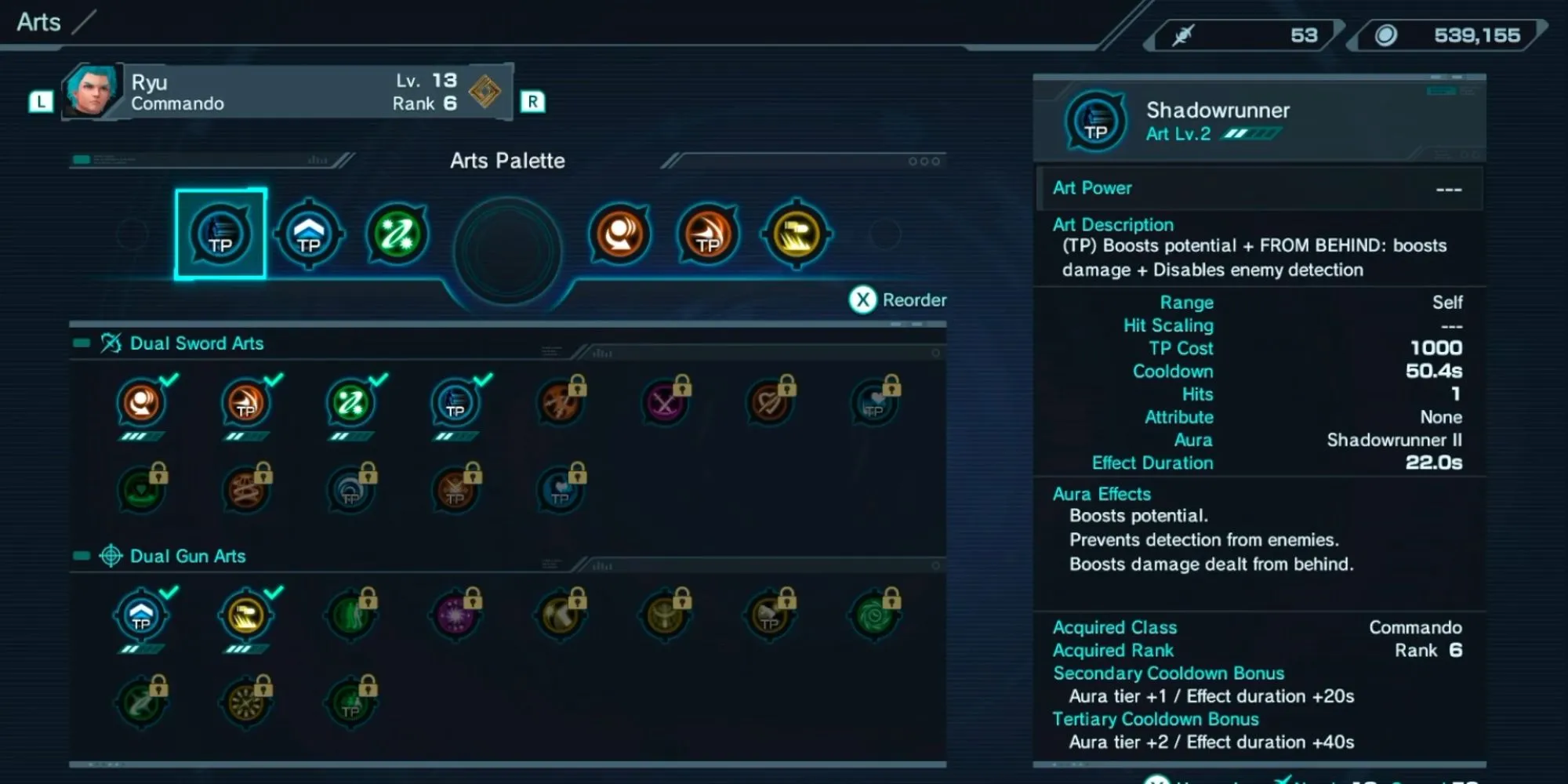 Thanh kỹ năng (Arts Palette) trong Xenoblade Chronicles X hiển thị các Arts khác nhau, bao gồm cả TP Arts.