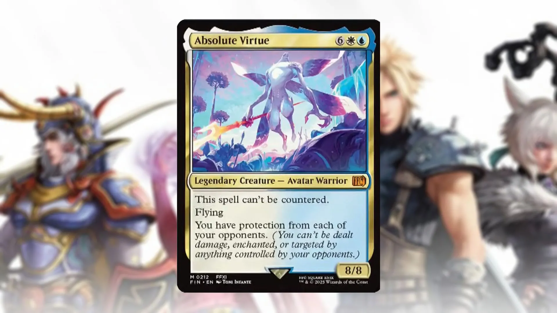 Thẻ bài Magic: The Gathering Absolute Virtue từ Final Fantasy XI, hiển thị chỉ số và các khả năng