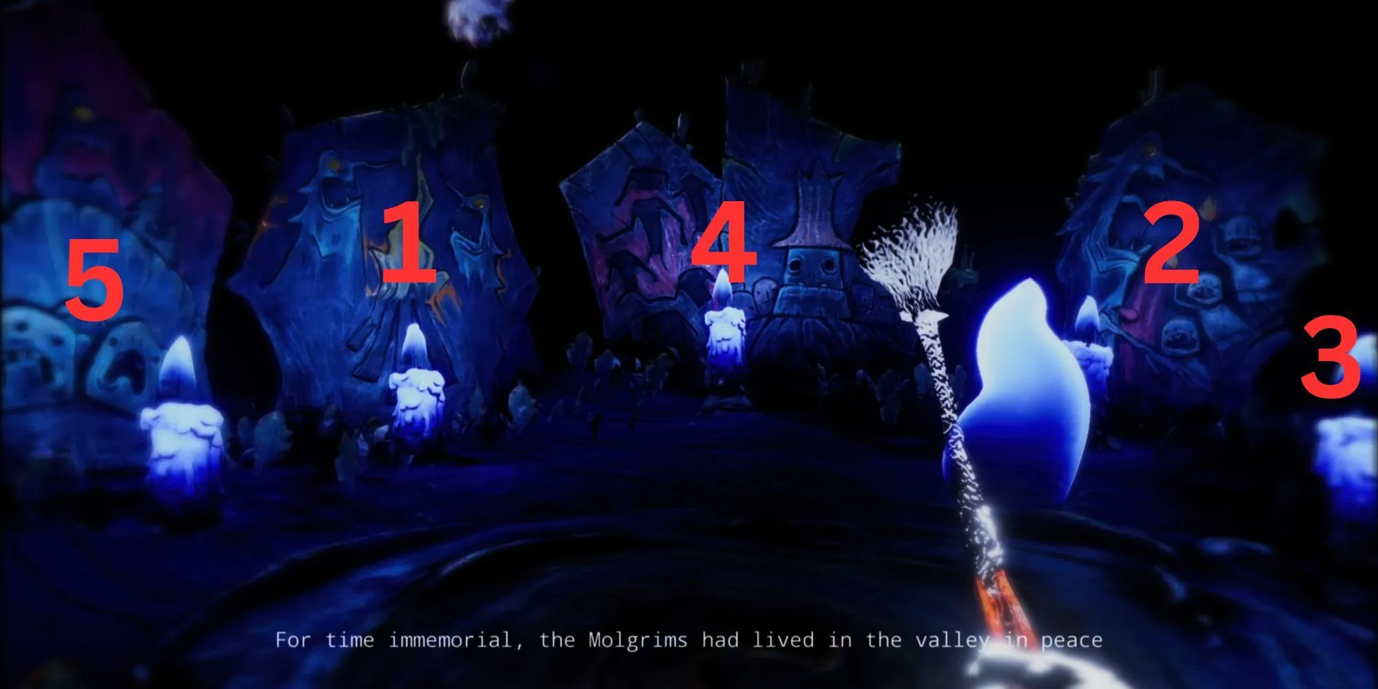 Thứ tự đúng của 5 cây nến và tấm bia trong câu đố nến The Midnight Walk