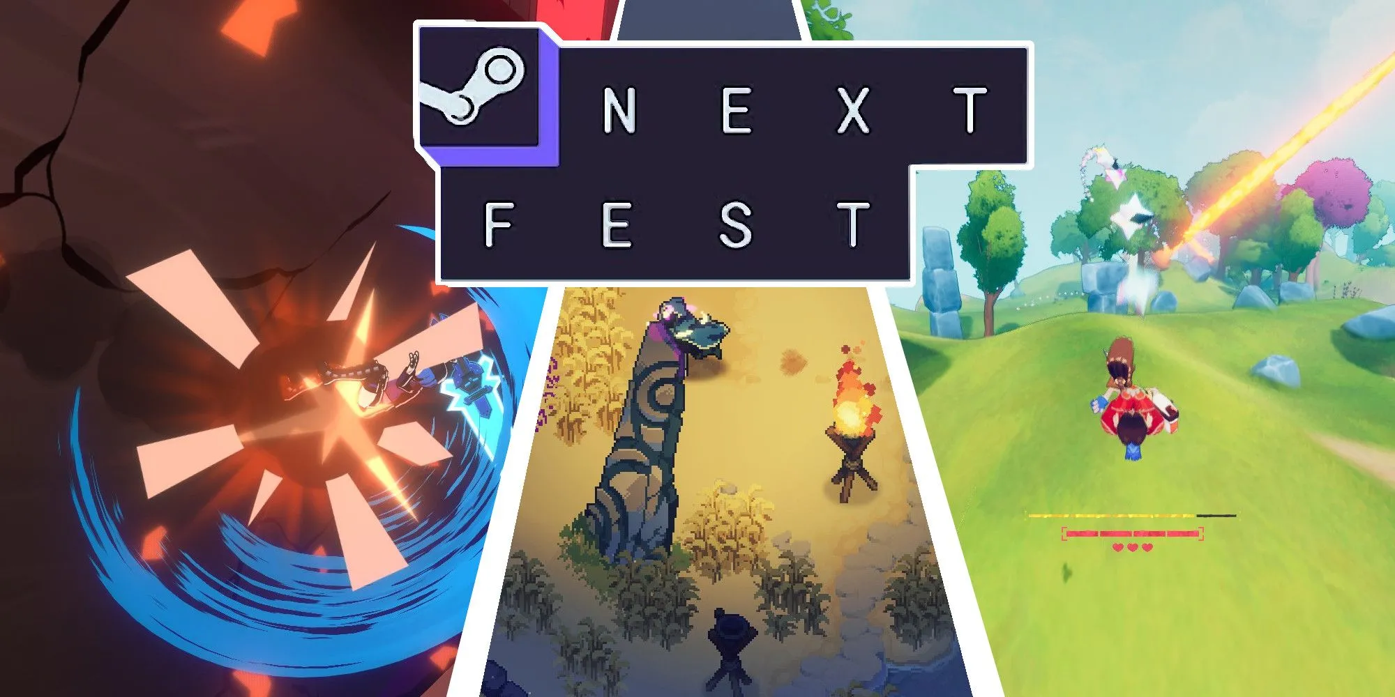 Thumbnail cho danh sách các game hay nhất từ Next Fest tháng 2 năm 2024, có Genokids, Aethermancer, và Haste.