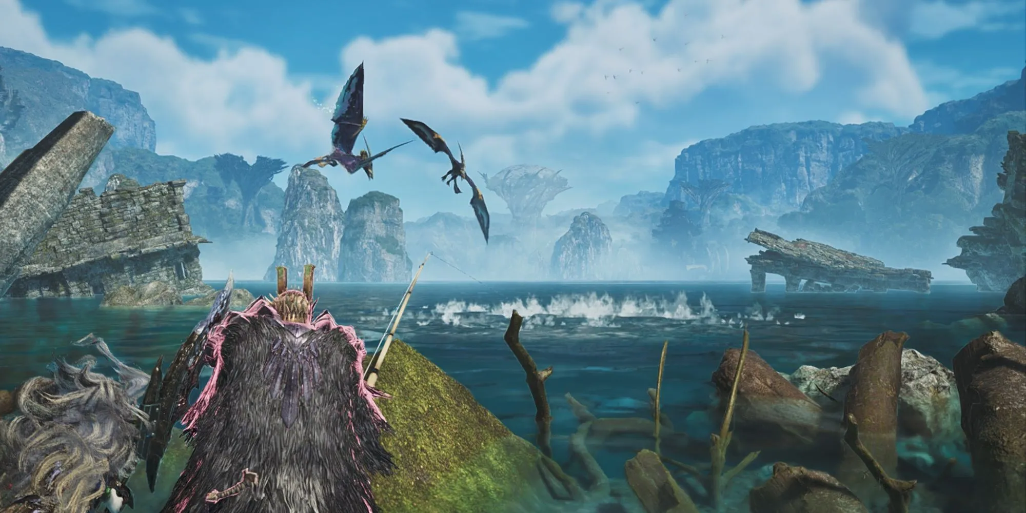 Toàn cảnh một khu vực câu cá tại Đồng Bằng Gió Lộng trong Monster Hunter Wilds