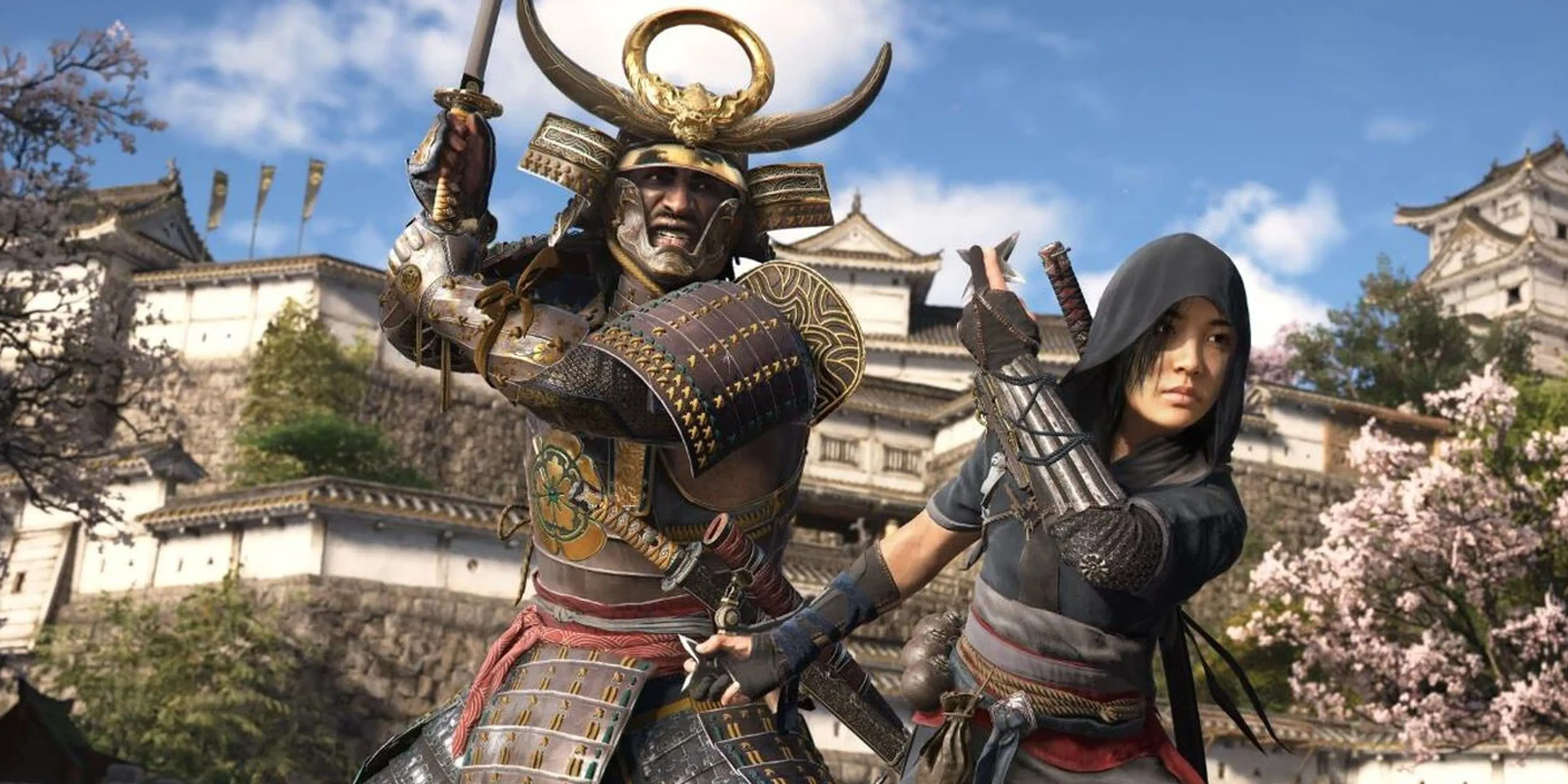 Toàn cảnh một ngôi làng Nhật Bản trong Assassin's Creed Shadows với hoa anh đào nở rộ