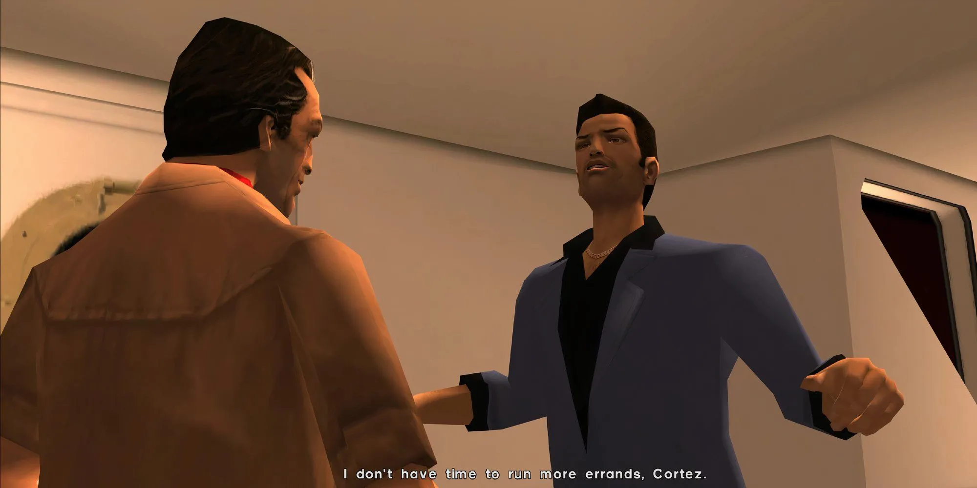 Tommy Vercetti trong GTA Vice City đang trao đổi với Cortez về kế hoạch làm ăn