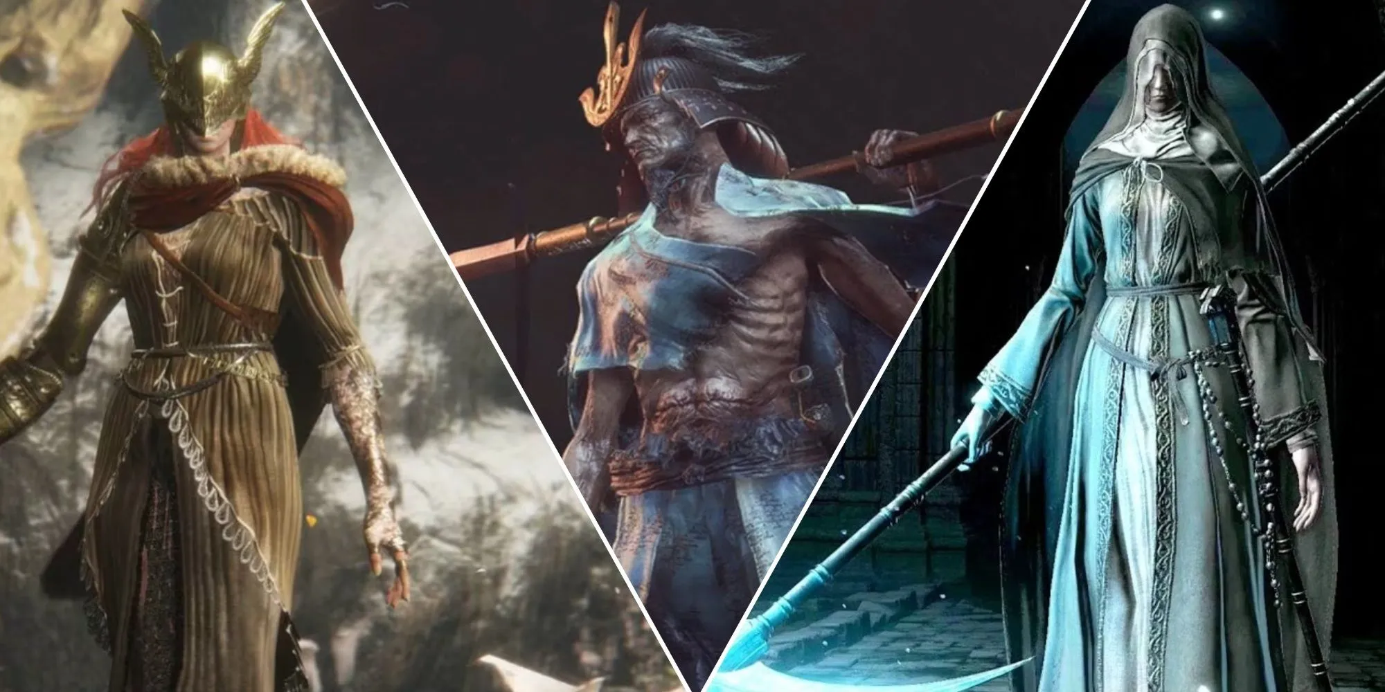 Tổng hợp hình ảnh các boss đa giai đoạn nổi tiếng trong dòng game Souls: Malenia từ Elden Ring, Isshin từ Sekiro và Sister Friede từ Dark Souls 3