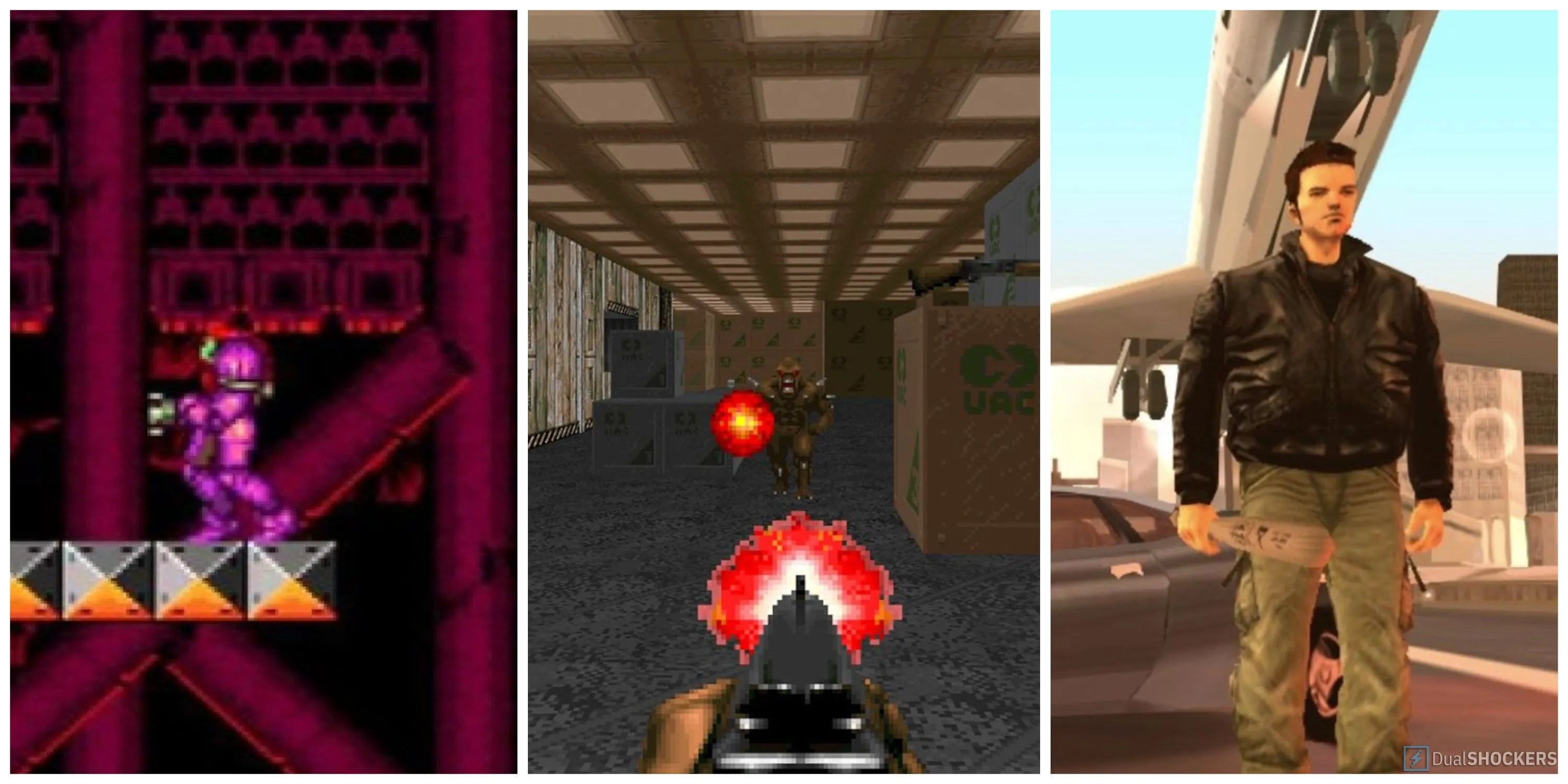 Tổng hợp hình ảnh từ Super Metroid, Doom và Grand Theft Auto 3