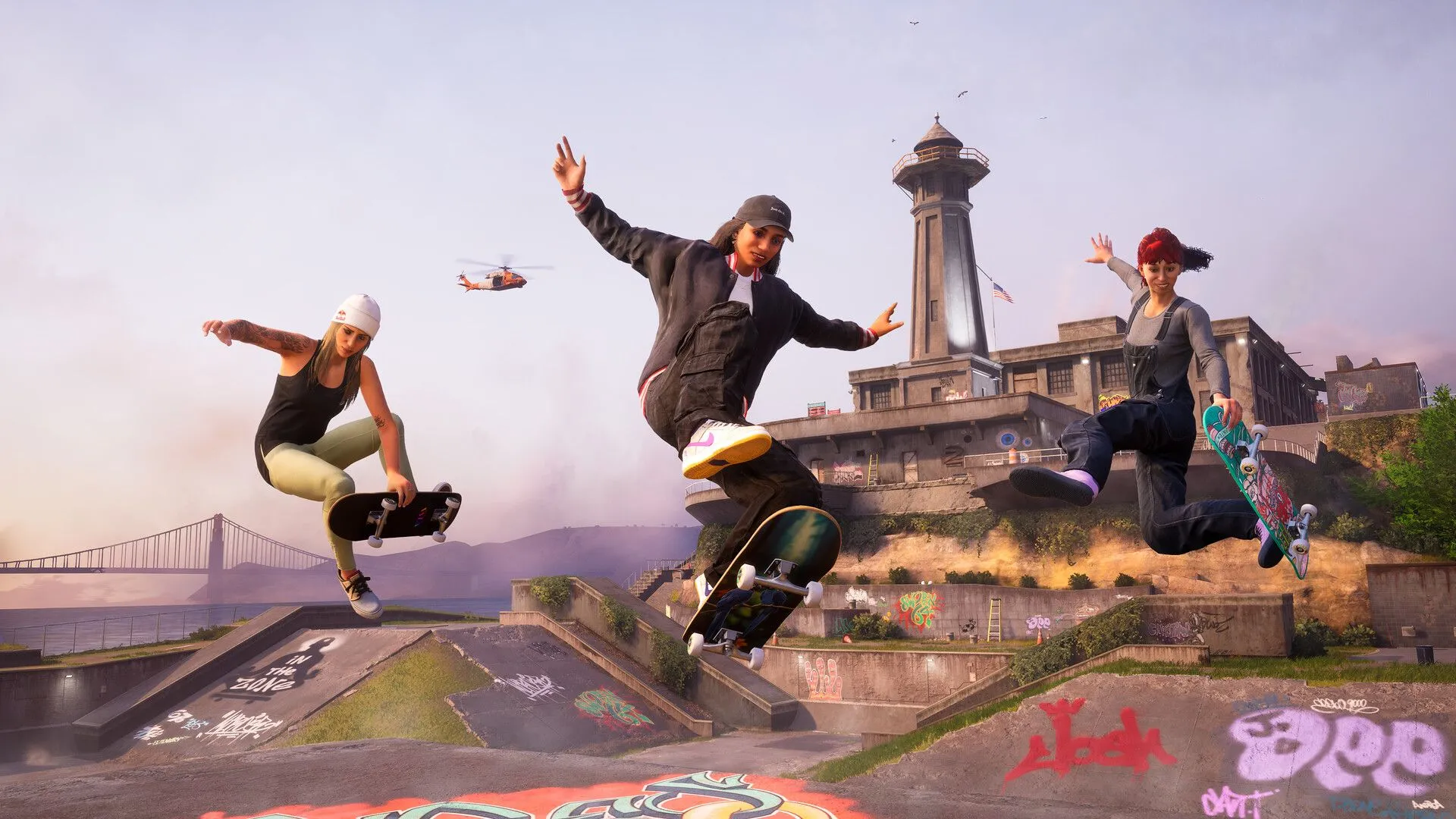 Tony Hawk đang thực hiện một cú trick trên ván trượt trong game Pro Skater 3+4