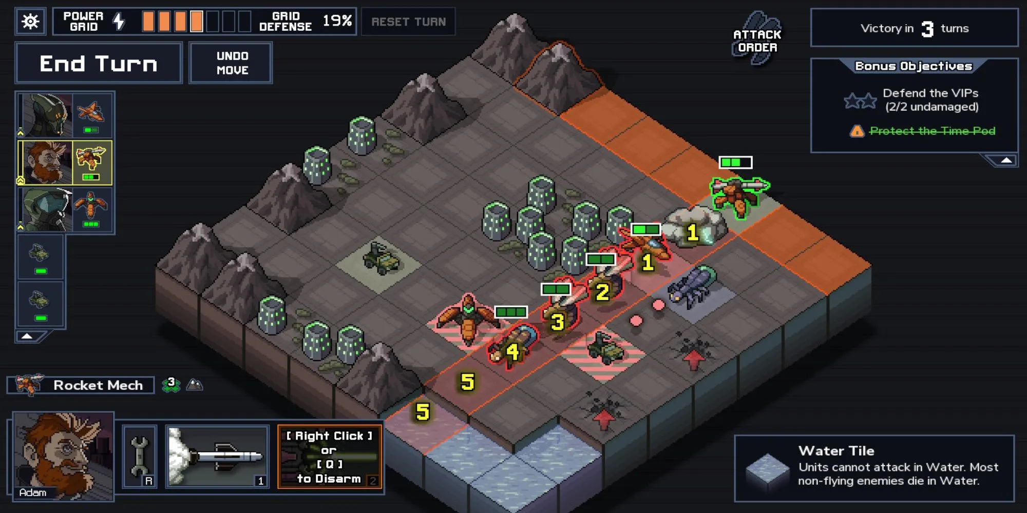 Trận chiến trong Into the Breach, các robot đang đối đầu với quái vật trên một bản đồ lưới ô vuông