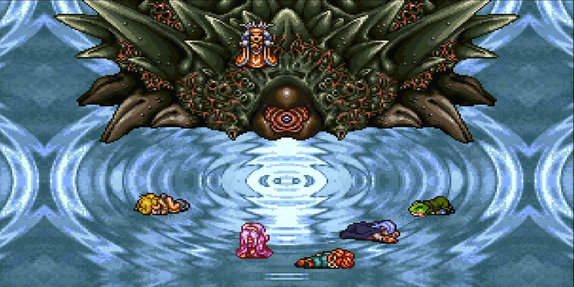 Trùm cuối Lavos trong Chrono Trigger đang đe dọa người chơi và đồng đội đã bị đánh bại.