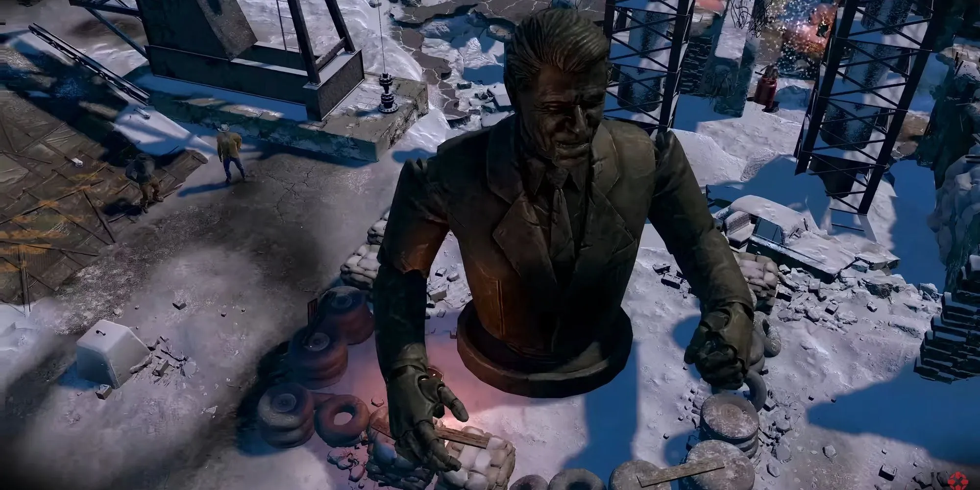 Tượng Ronald Reagan khổng lồ trong khung cảnh tuyết trắng của Wasteland 3