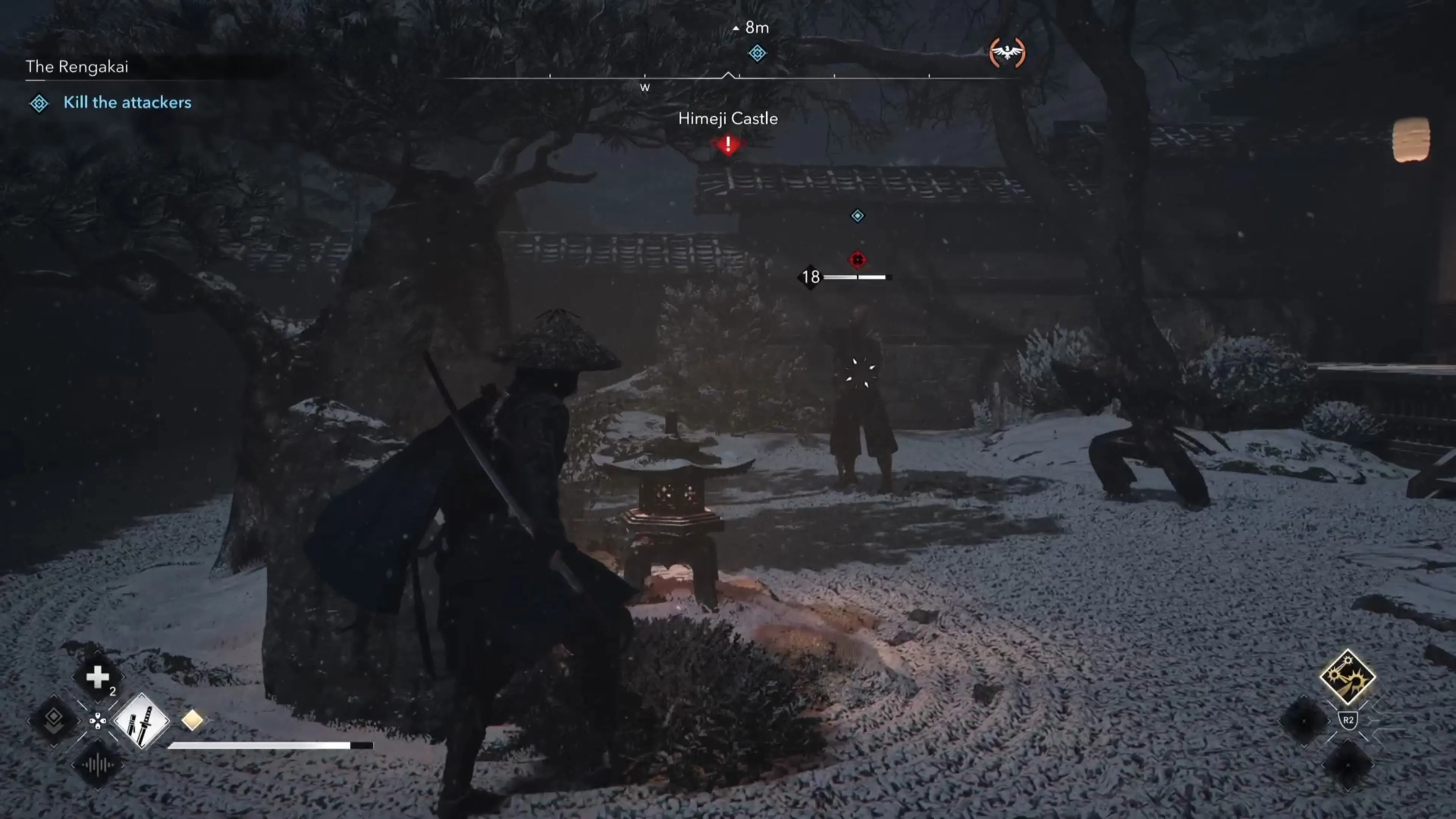 Ukita Naoie đang ngồi trong buổi tiệc Rengakai cùng các thi sĩ khác trong Assassin's Creed Shadows