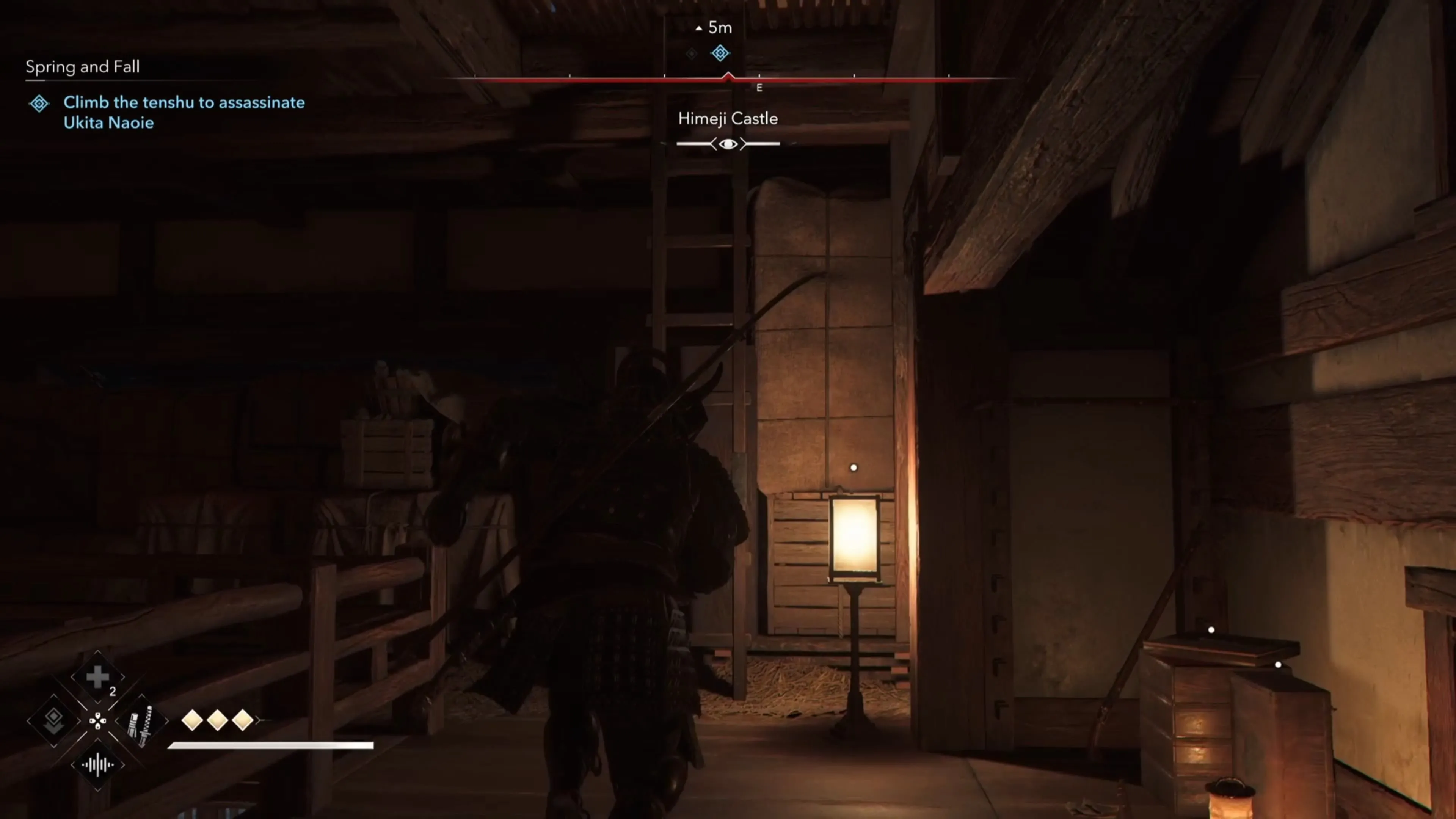 Yasuke chiến đấu với Ukita Naoie trên đỉnh tháp chính của lâu đài trong Assassin's Creed Shadows