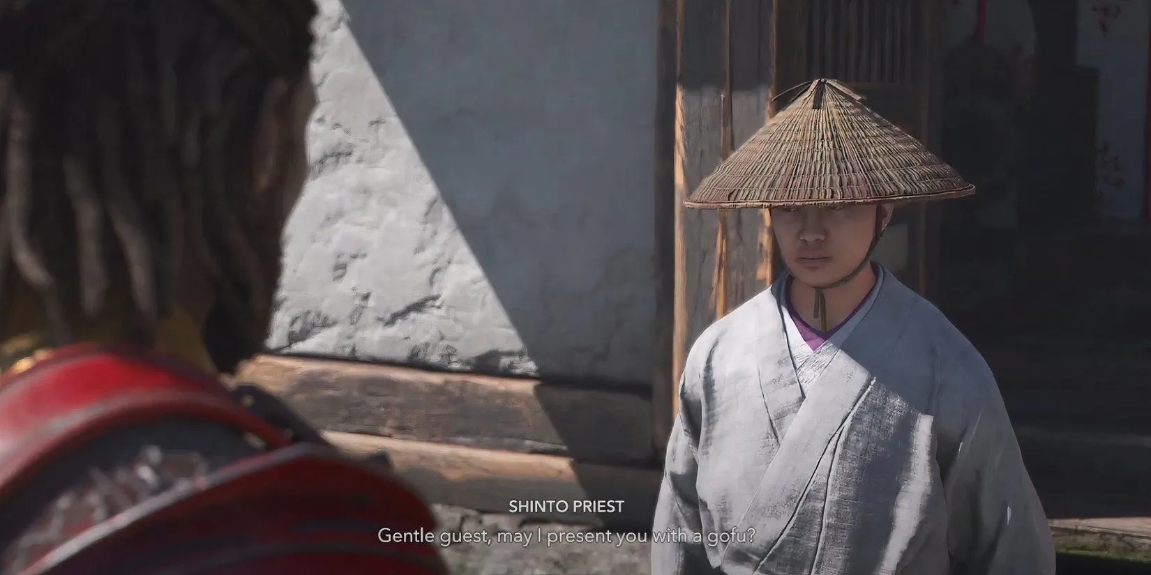 Yasuke thực hiện nghi thức thanh tẩy cho Lady Oichi tại Đền Shirahige trong AC Shadows