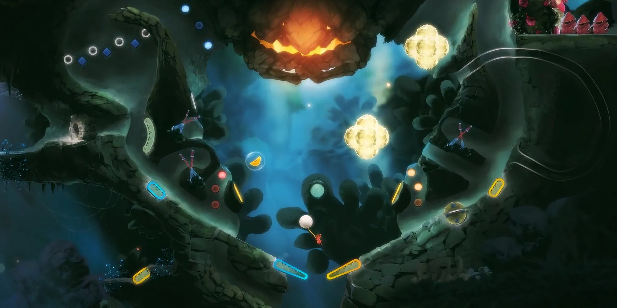 Yoku's Island Express với cảnh boss Screech cùng Yoku và ba NPC