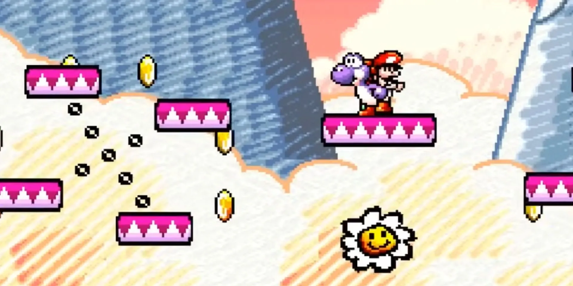 Yoshi đứng trên một bệ trong màn chơi của Yoshi's Island