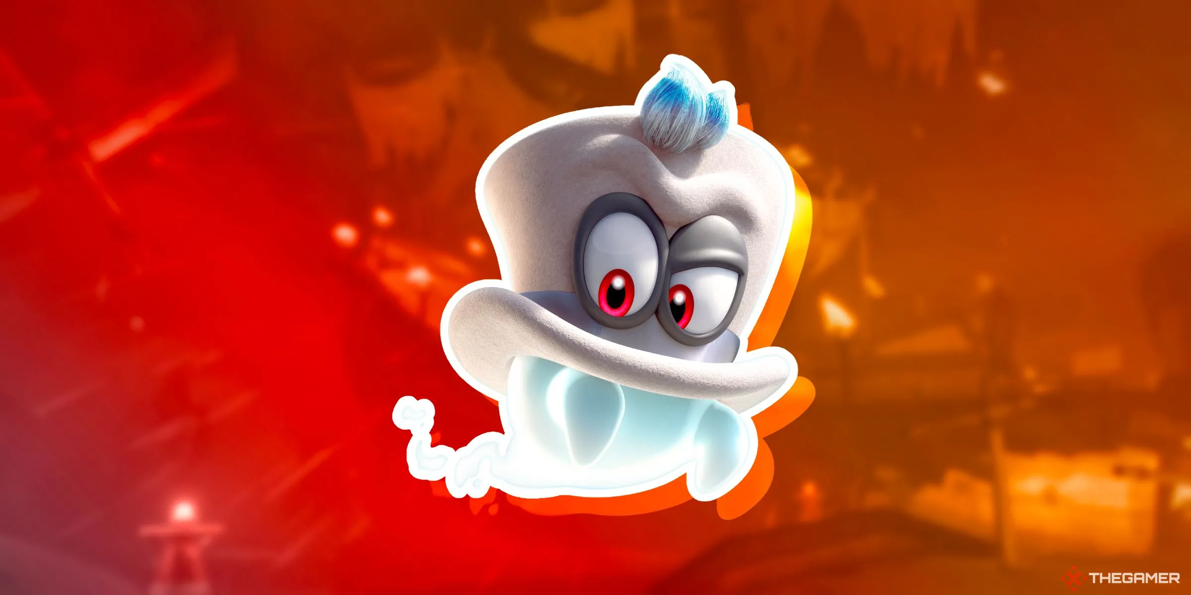 Cappy, người bạn đồng hành của Mario trong Super Mario Odyssey, bay lượn trên đường đua Wario Shipyard.