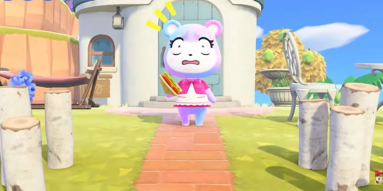 Dân làng Judy trông giật mình khi cầm chiếc bánh sandwich trong Animal Crossing New Horizons.