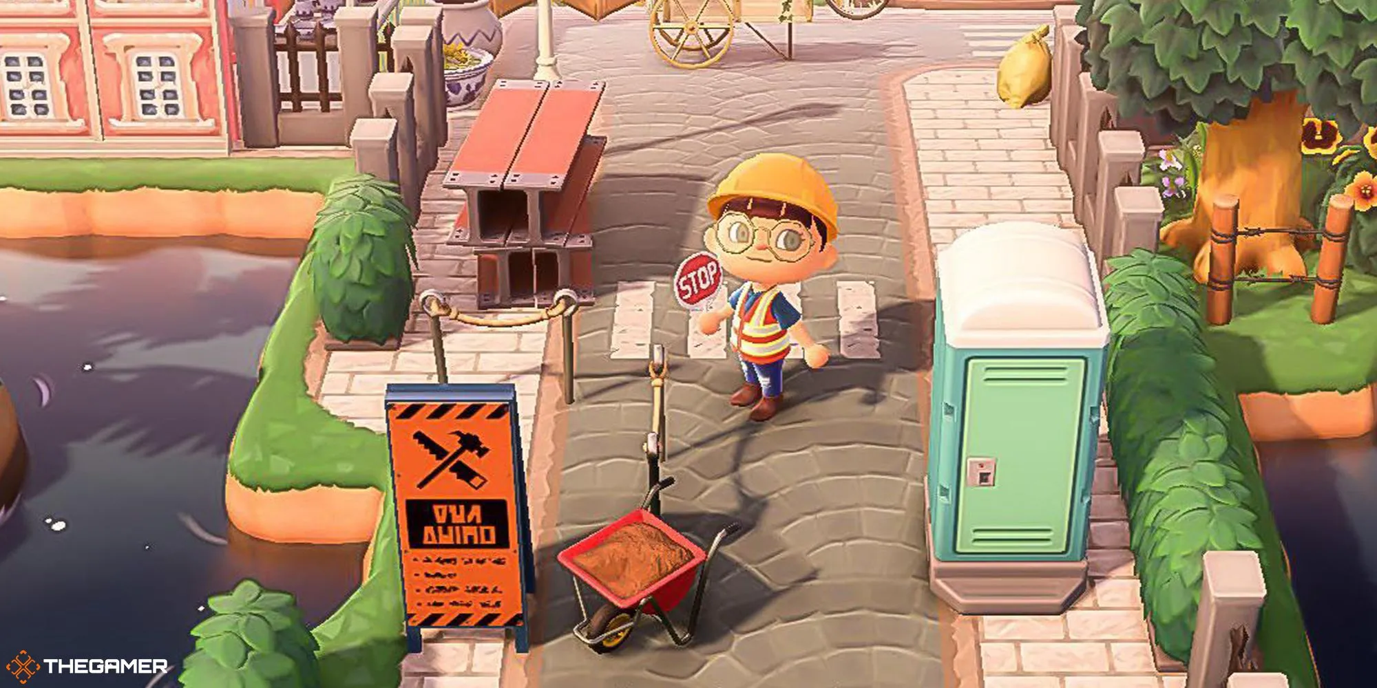 Người chơi Animal Crossing New Horizons mặc đồ xây dựng đứng gần khu vực thi công ở lối vào đảo.