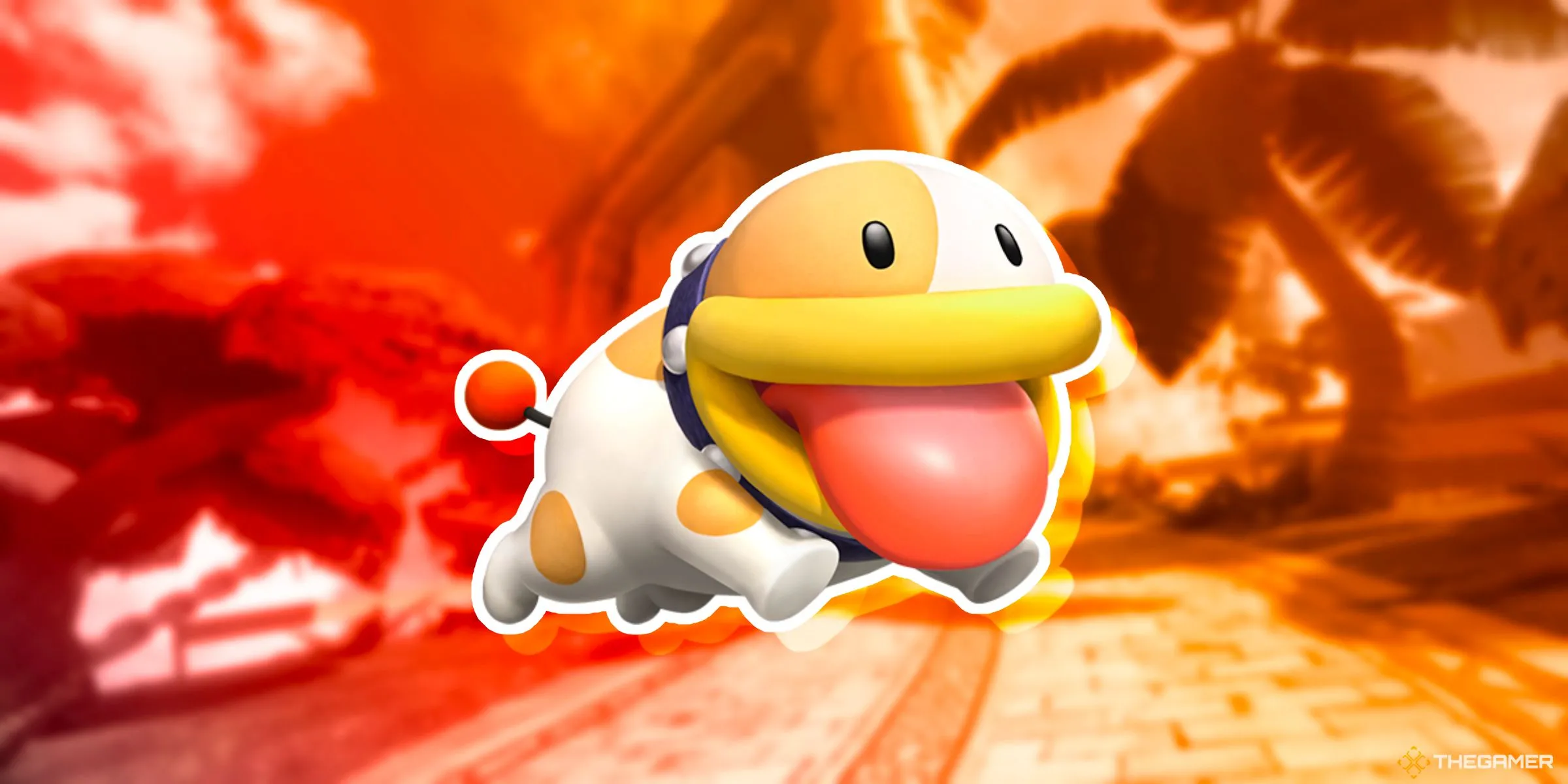 Poochy, chú chó đáng yêu từ series Yoshi, trên đường đua Great Question Block Ruins trong Mario Kart World.