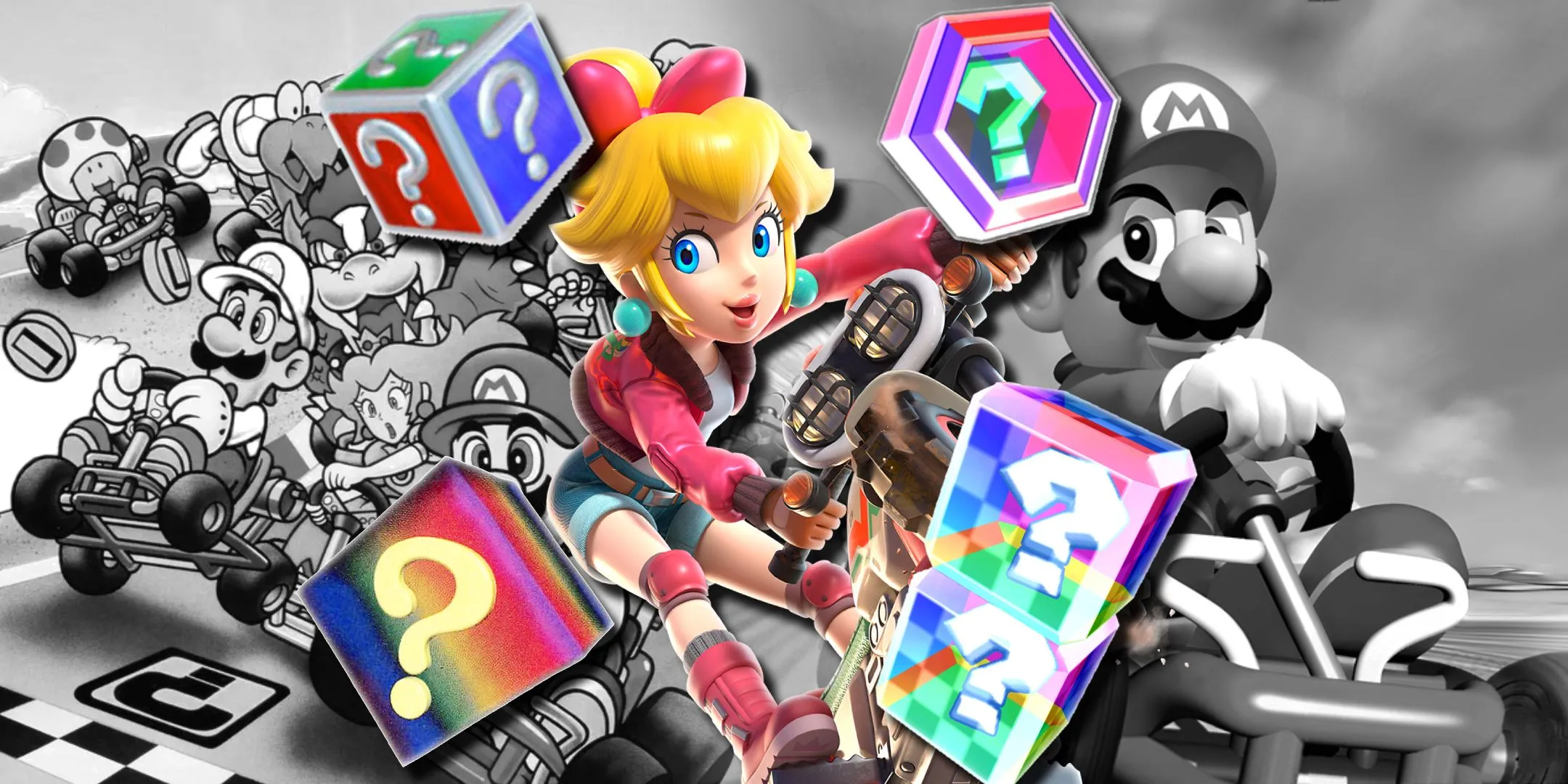 So sánh phong cách đồ họa Mario Kart qua các thời kỳ: Super Mario Kart, Mario Kart 64 và Mario Kart World, cùng các Hộp Item quen thuộc.
