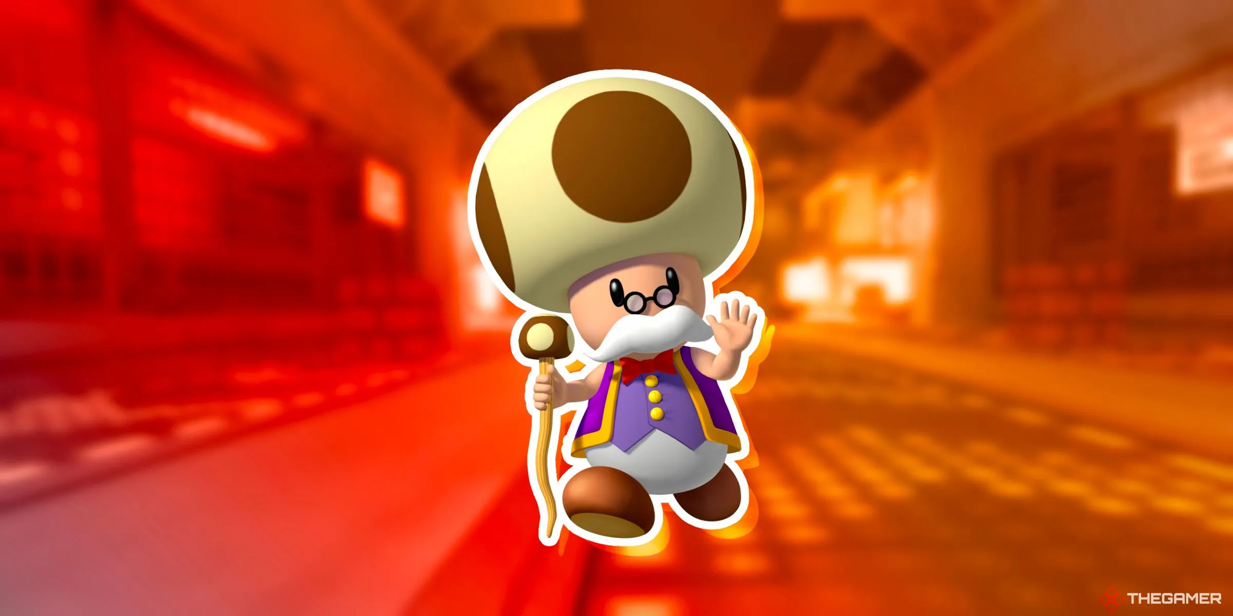 Toadsworth, quản gia lâu năm của Công chúa Peach, trên đường đua Nhà máy Toad trong Mario Kart World.