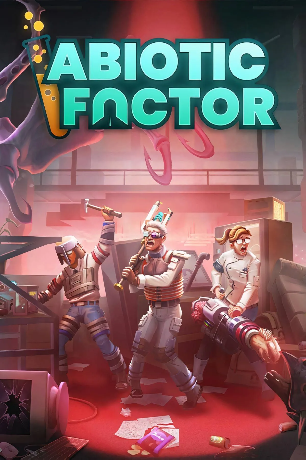 Abiotic Factor với phong cách đồ họa độc đáo gợi nhớ Half-Life, hiển thị giao diện người chơi và môi trường hầm ngầm rộng lớn
